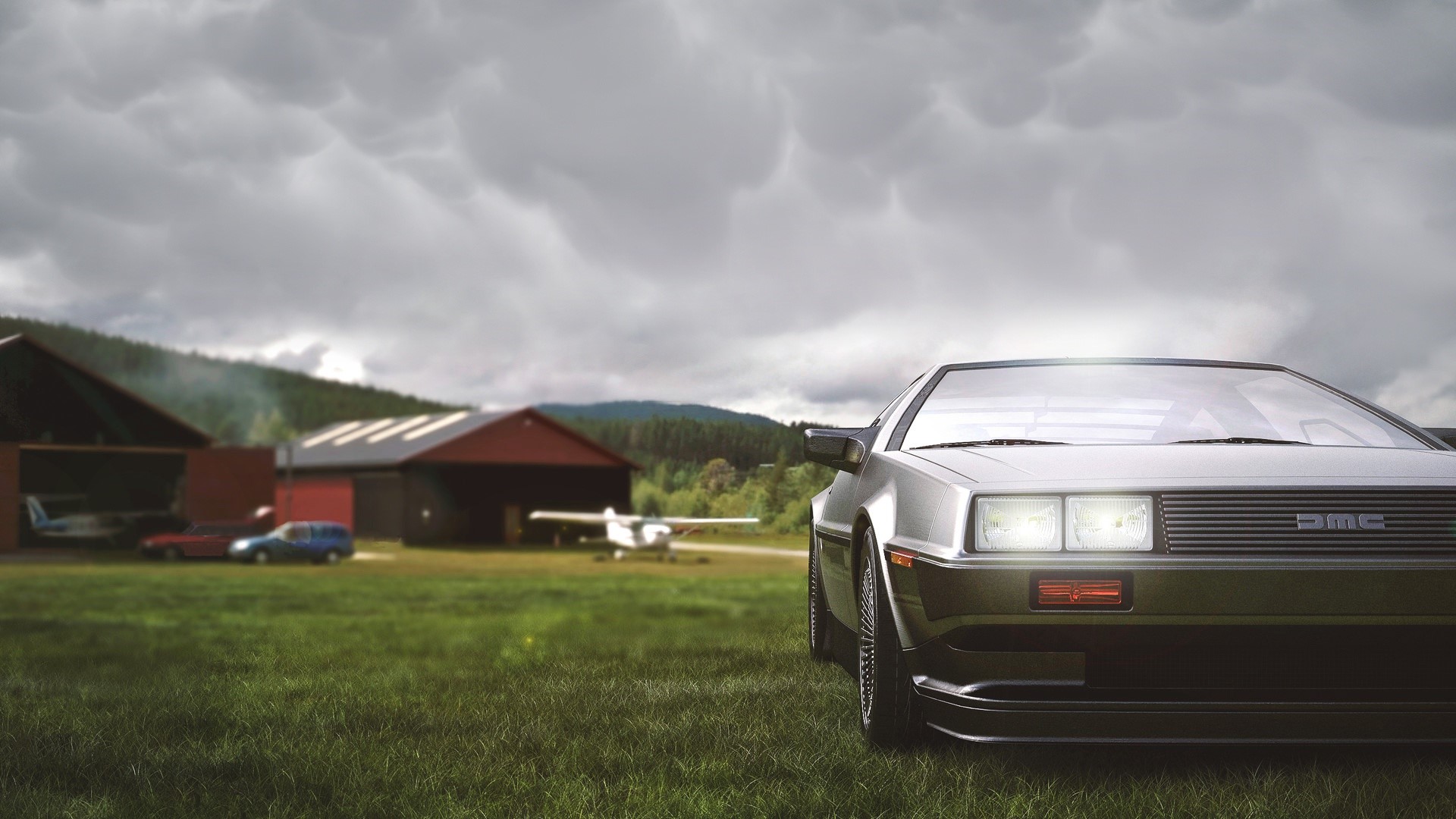 Silver DeLorean car parked at an airfield HD Wallpaper