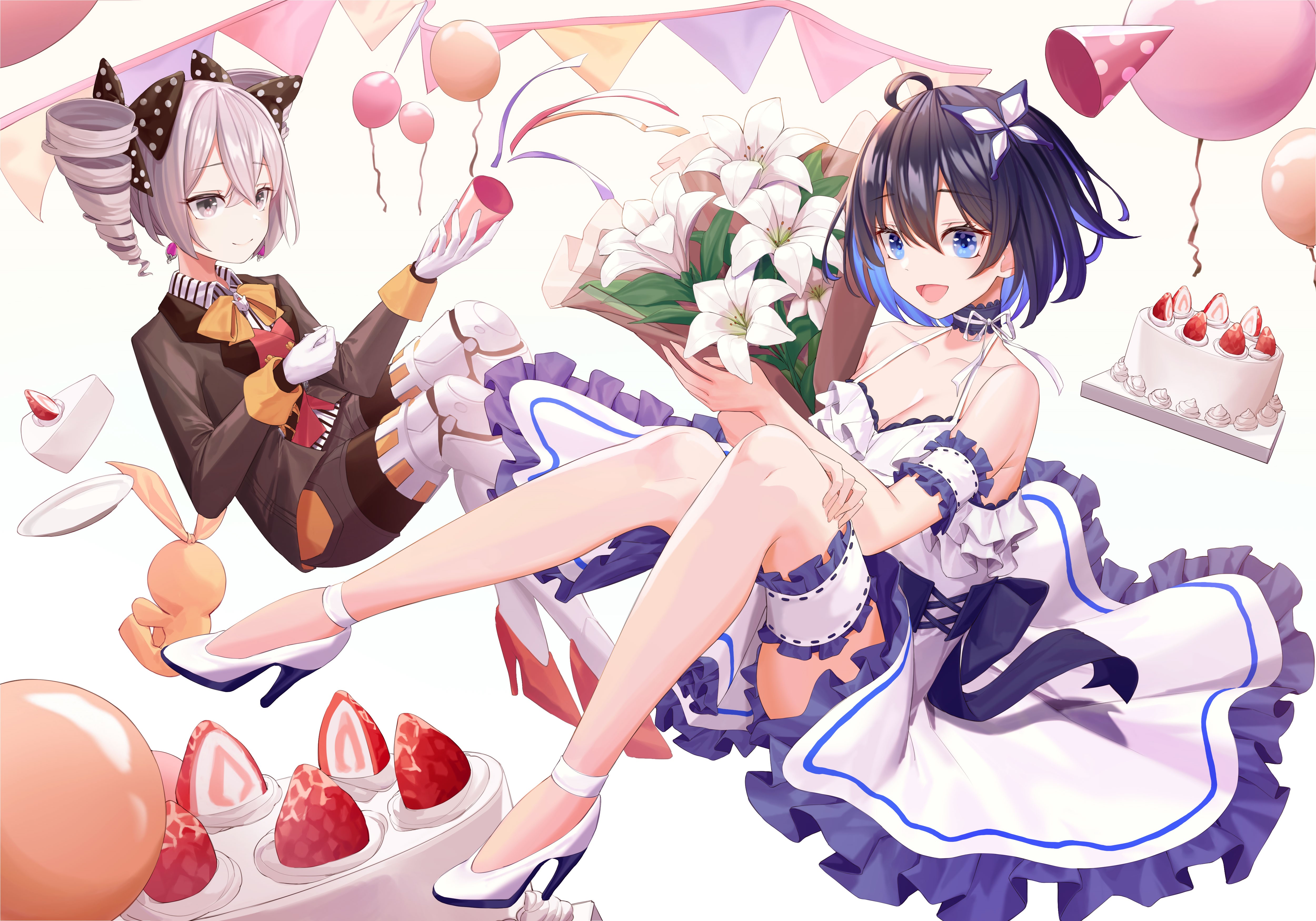 Anime girls celebrating birthday with cake and balloons HD Wallpaper