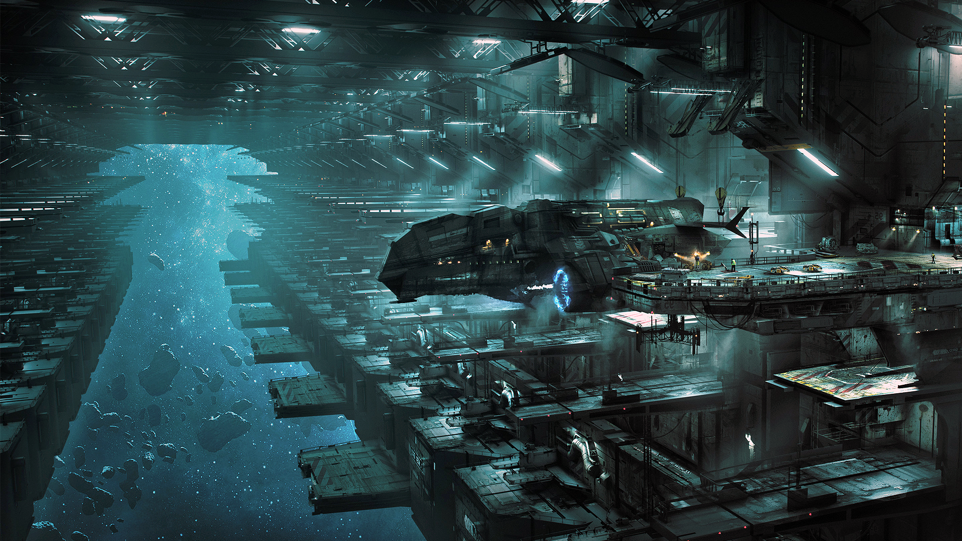 Science fiction spaceport with spaceship and stars HD Wallpaper
