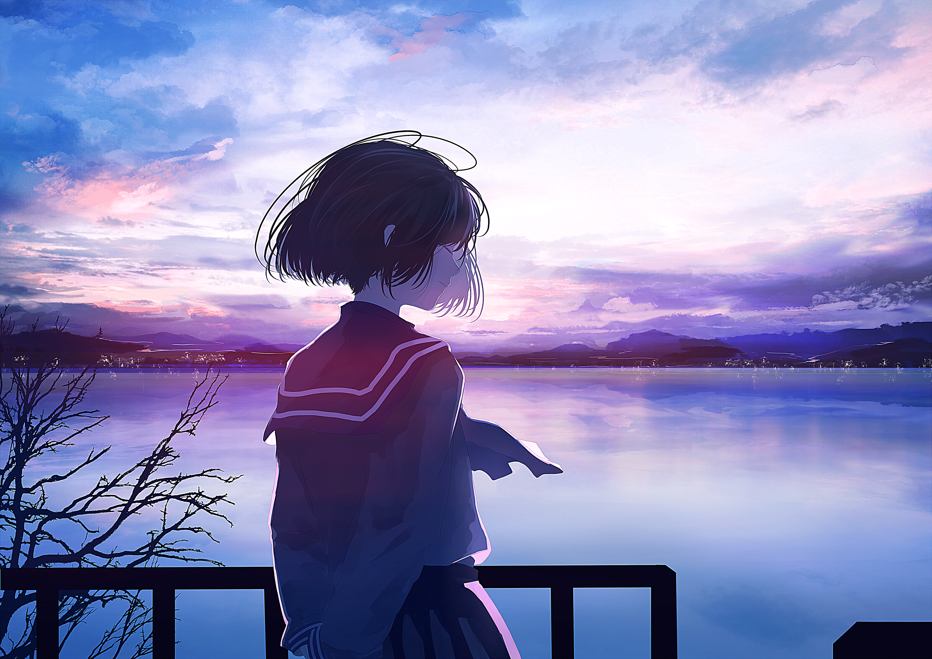 Anime girl in school uniform by the water at sunset HD Wallpaper