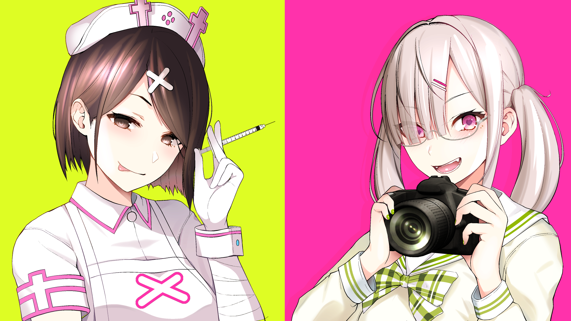 Two anime girls, one with a syringe, one with a camera HD Wallpaper