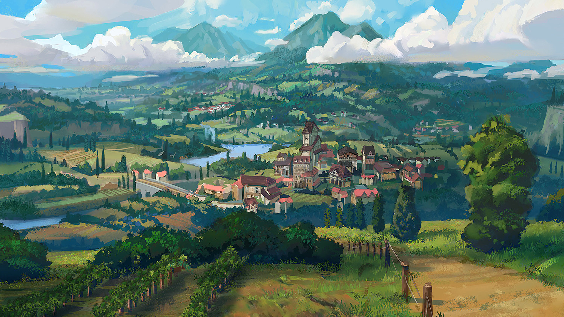 Digital painting of a village in a valley with mountains HD Wallpaper
