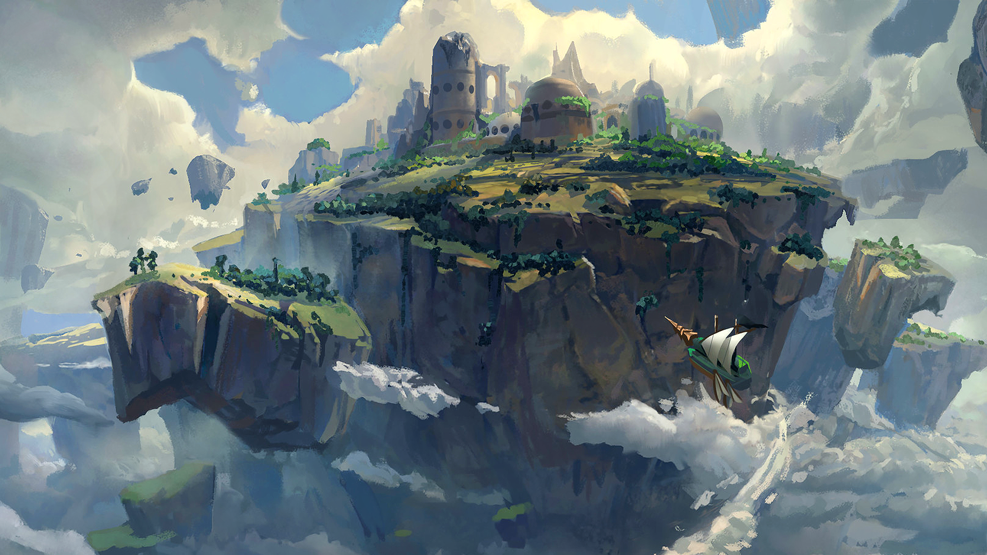 Floating islands with fantasy city and airship HD Wallpaper
