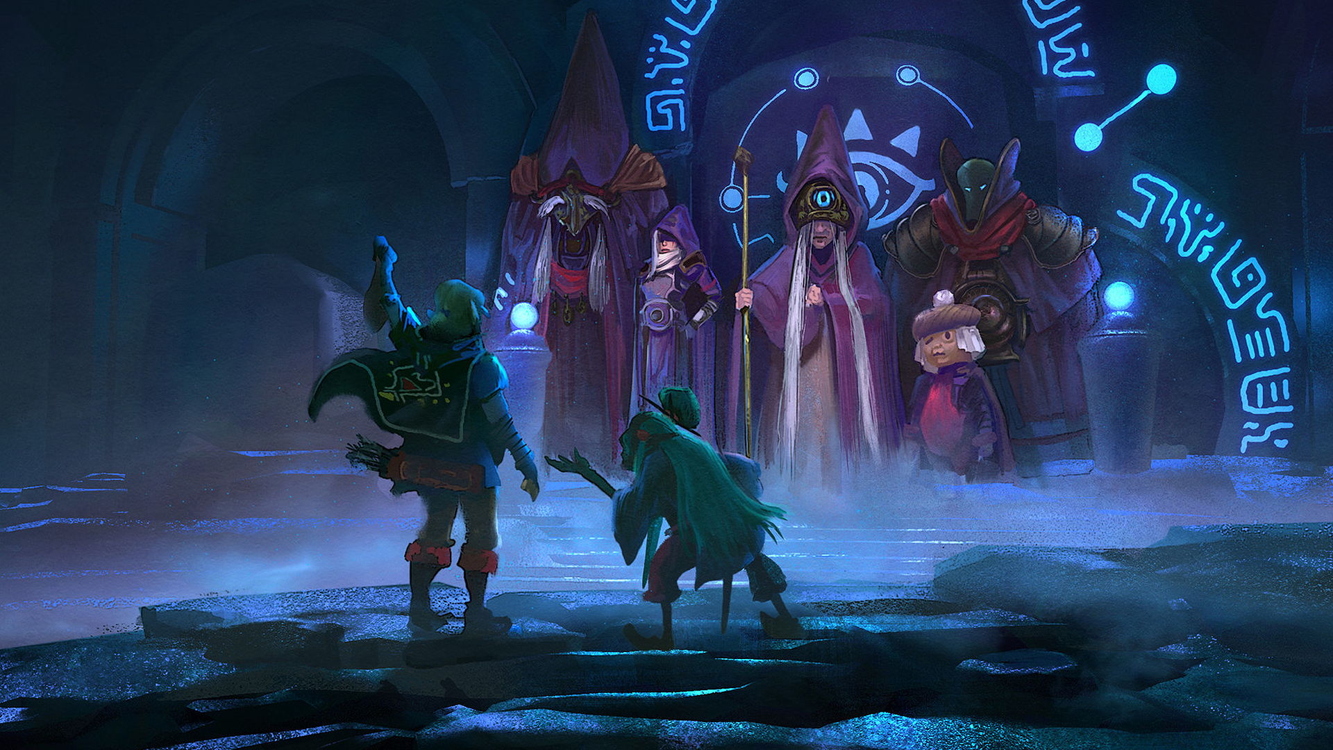 Link and companions in a mystical chamber with ancient figures HD Wallpaper