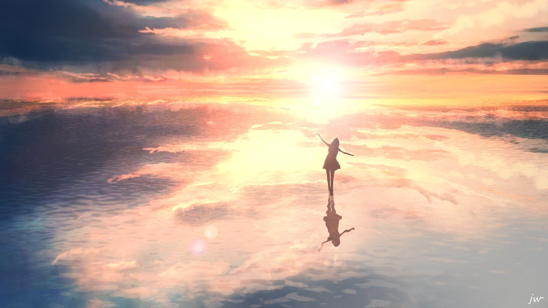 Anime girl on reflective water at sunset HD Wallpaper