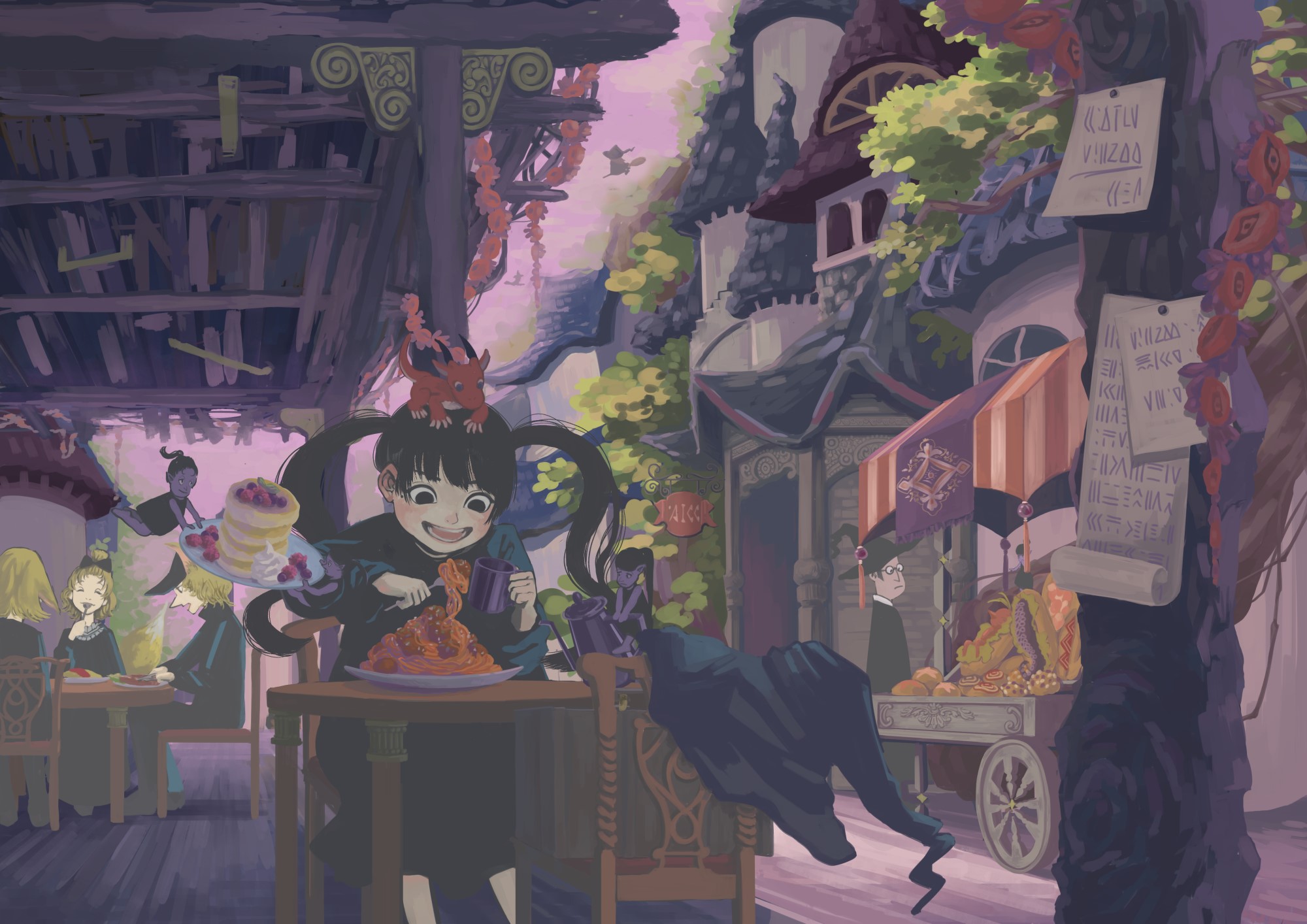 Girl eating spaghetti with dragon on head in fantasy town HD Wallpaper