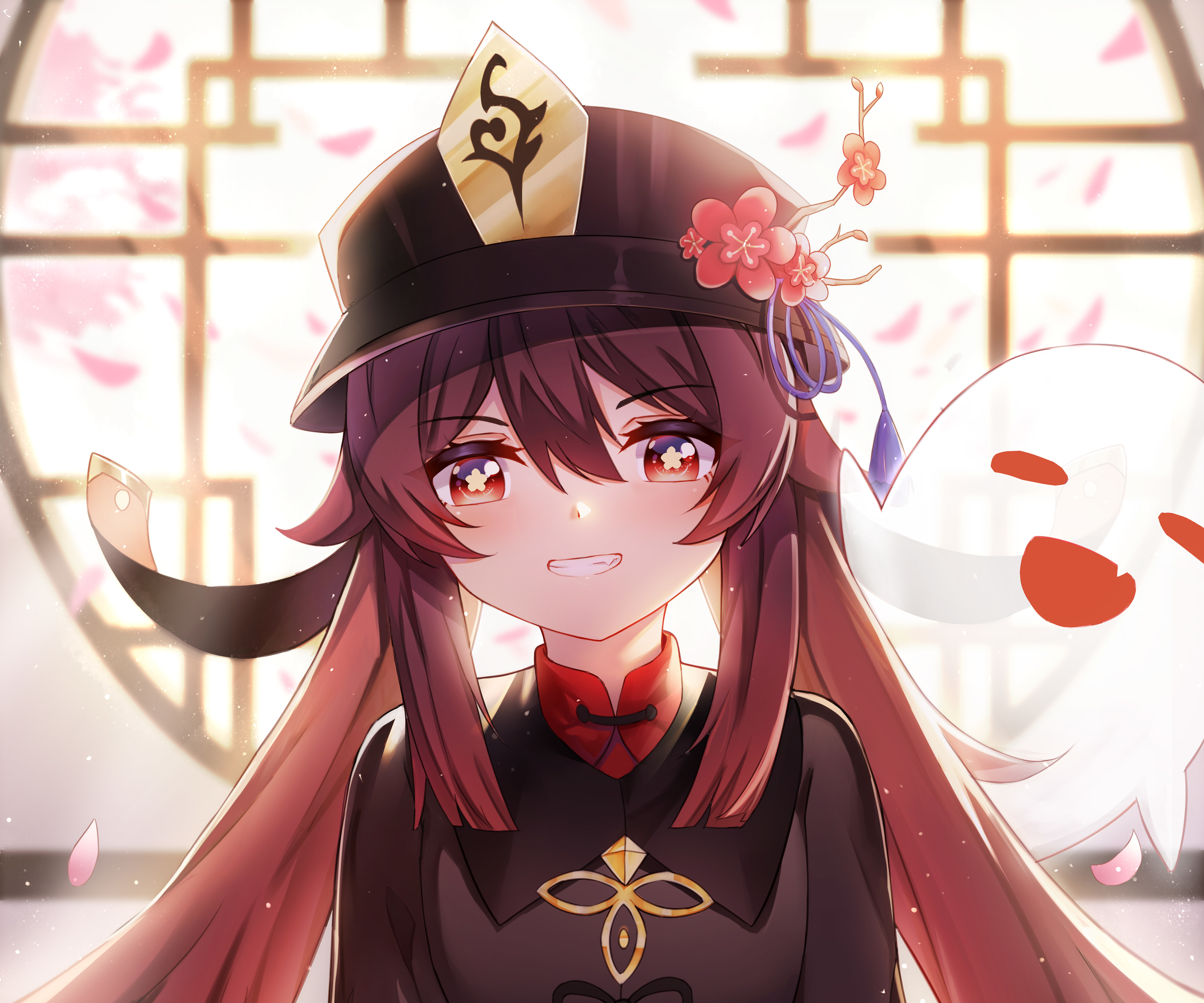 Hu Tao 4K with a ghost companion HD Wallpaper