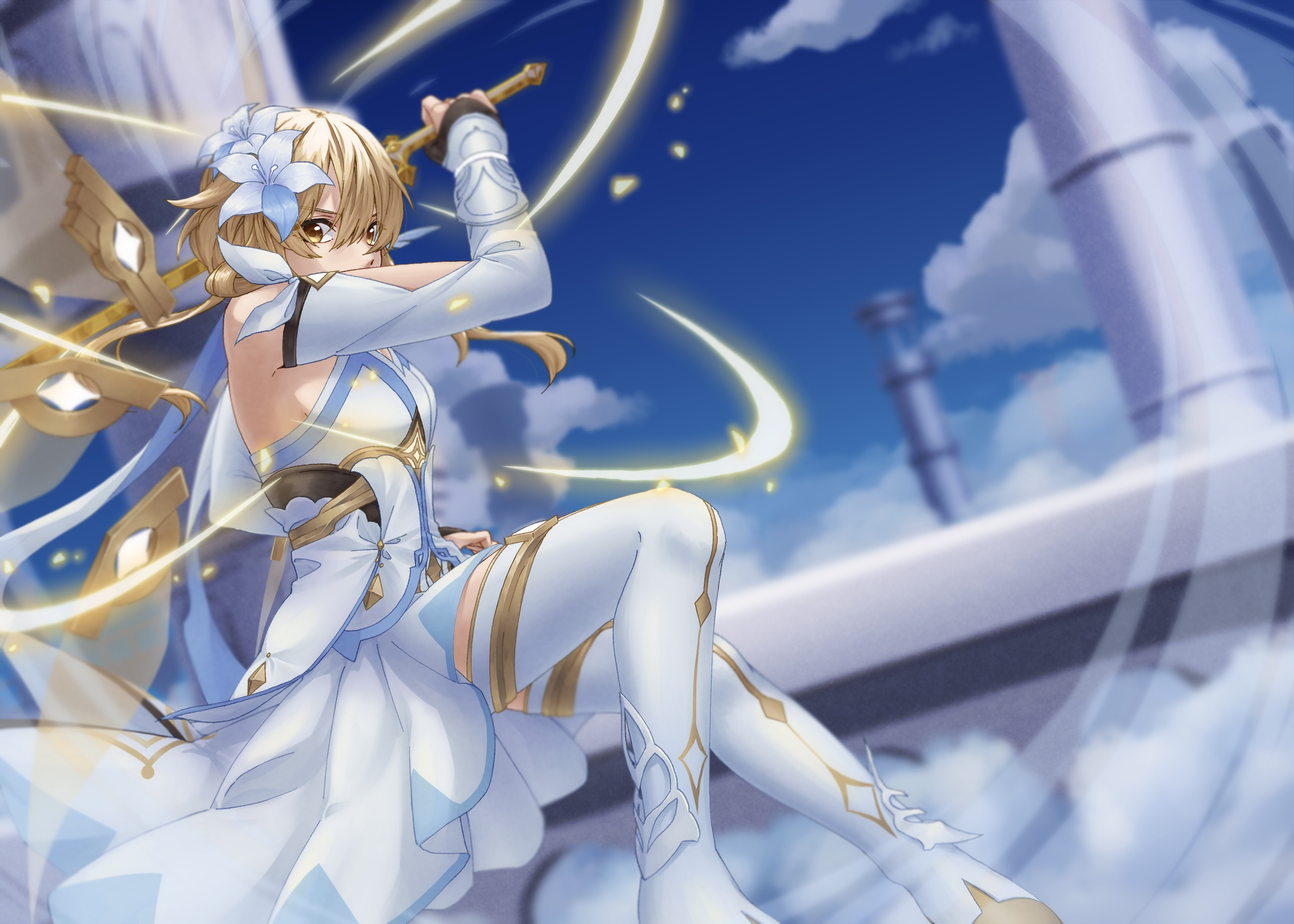Lumine from Genshin Impact with sword in sky HD Wallpaper