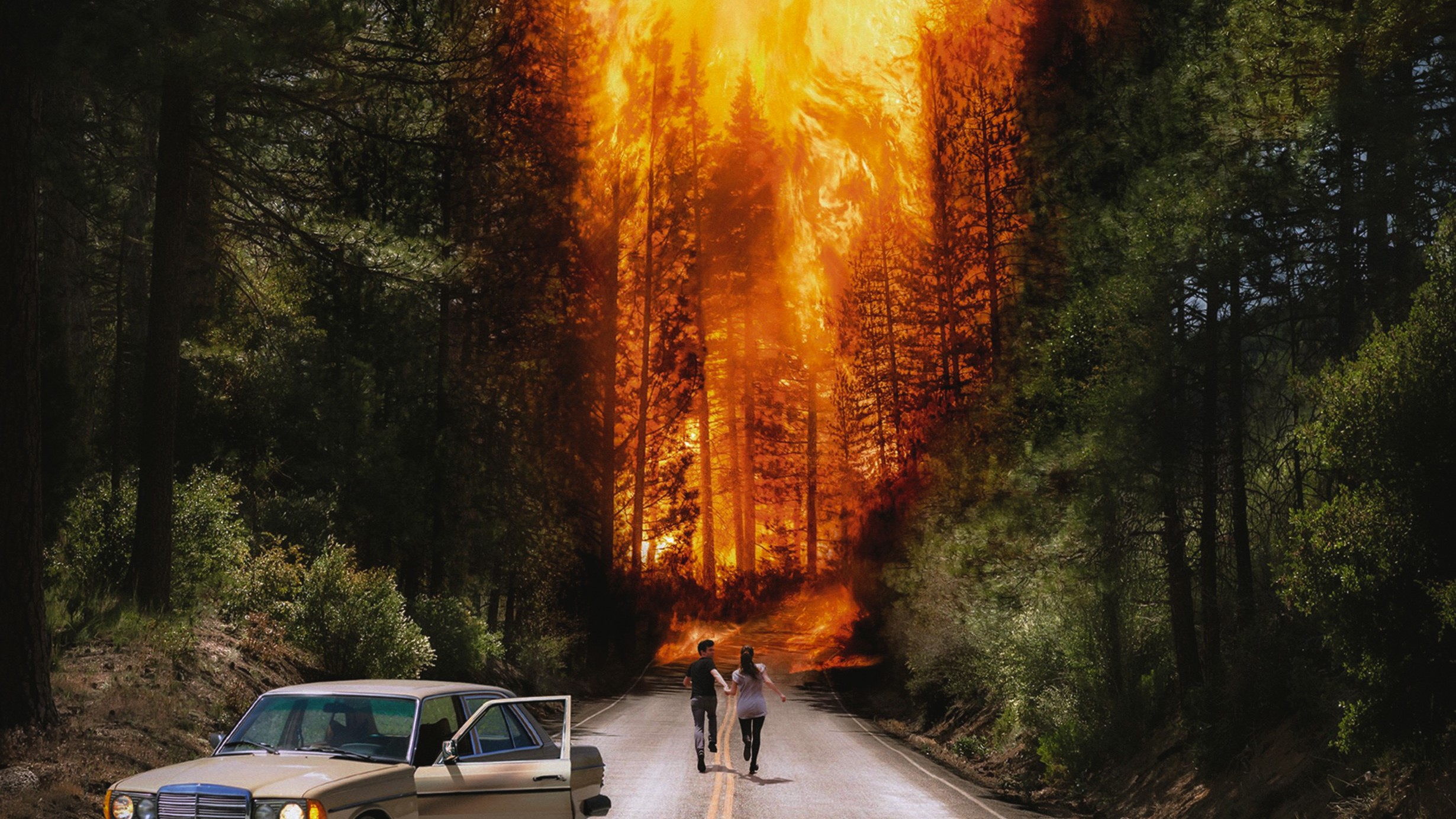 Couple running from wildfire near old car HD Wallpaper