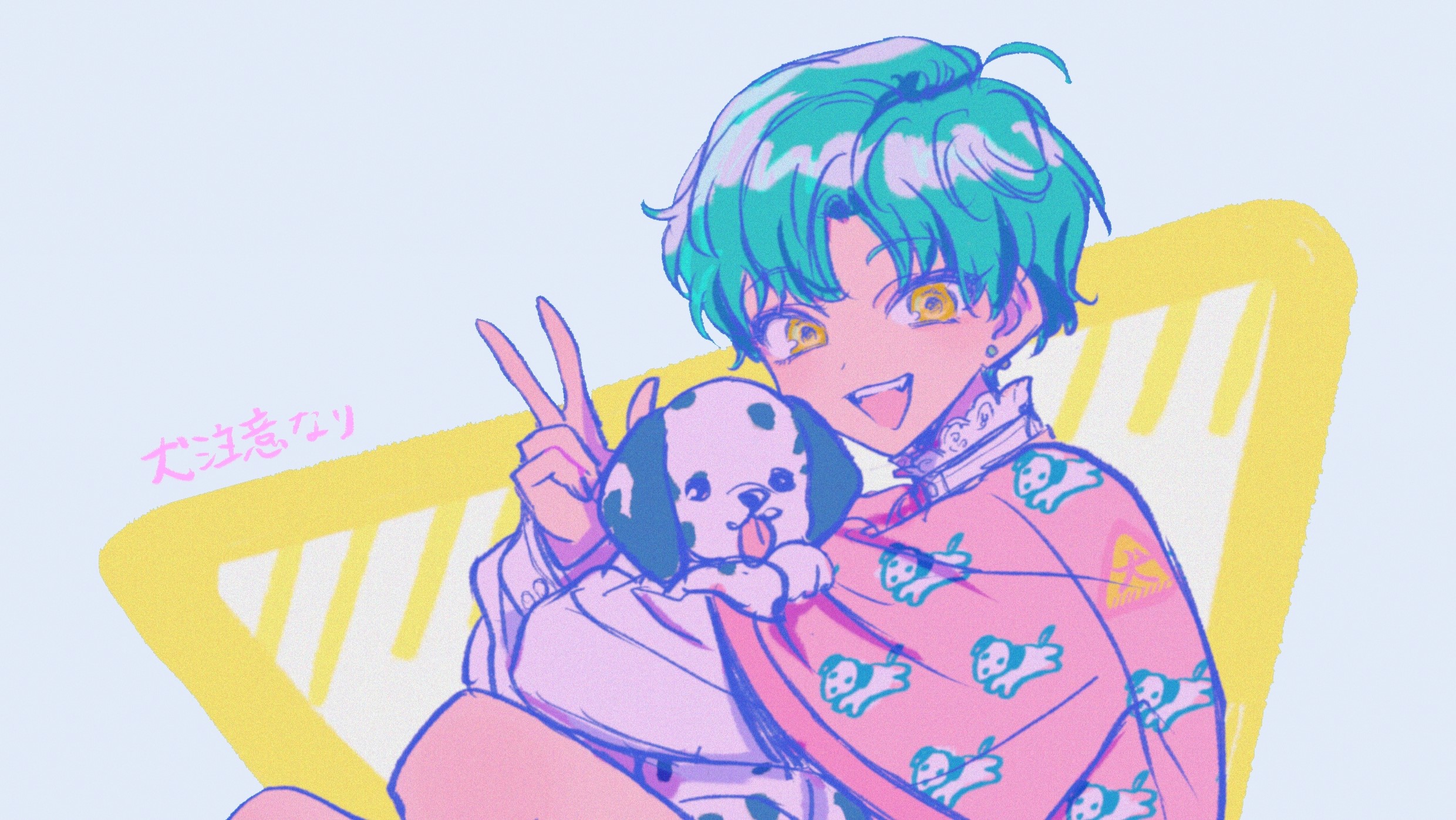 Anime boy with green hair holding a dalmatian puppy HD Wallpaper