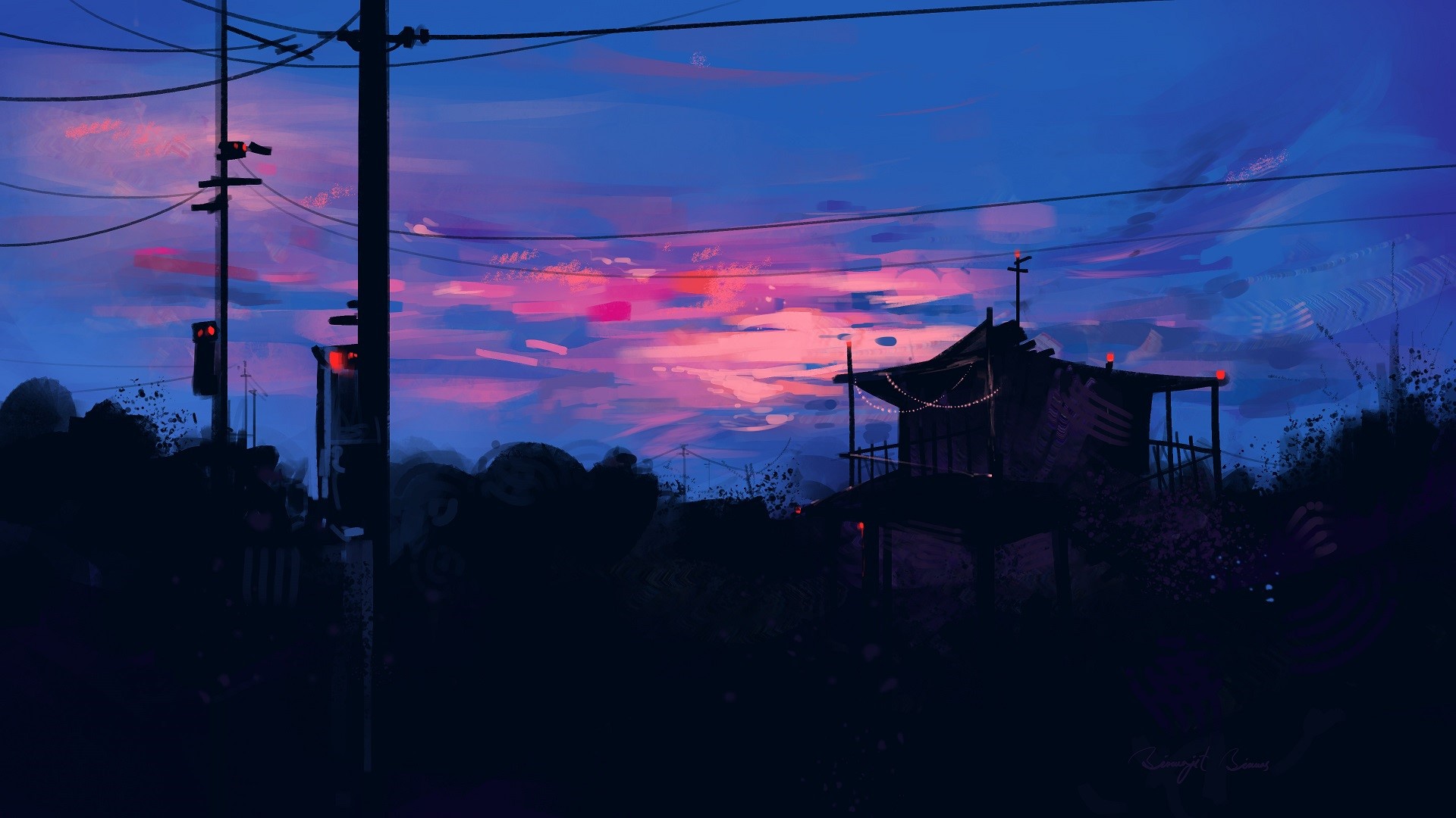 Artwork of a shack and power lines at dawn HD Wallpaper