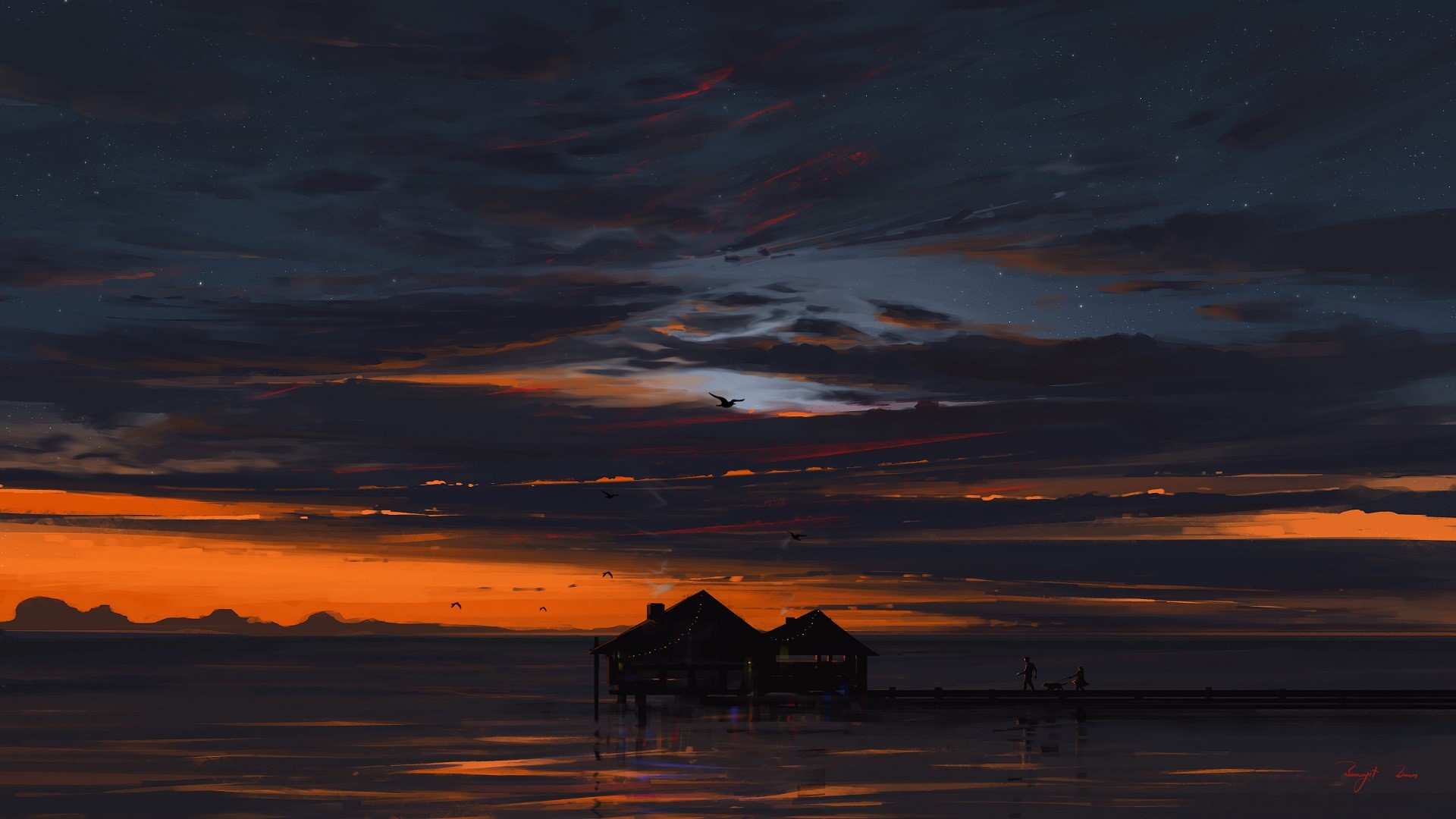 Artwork of a sunset over the ocean with a pier and house HD Wallpaper