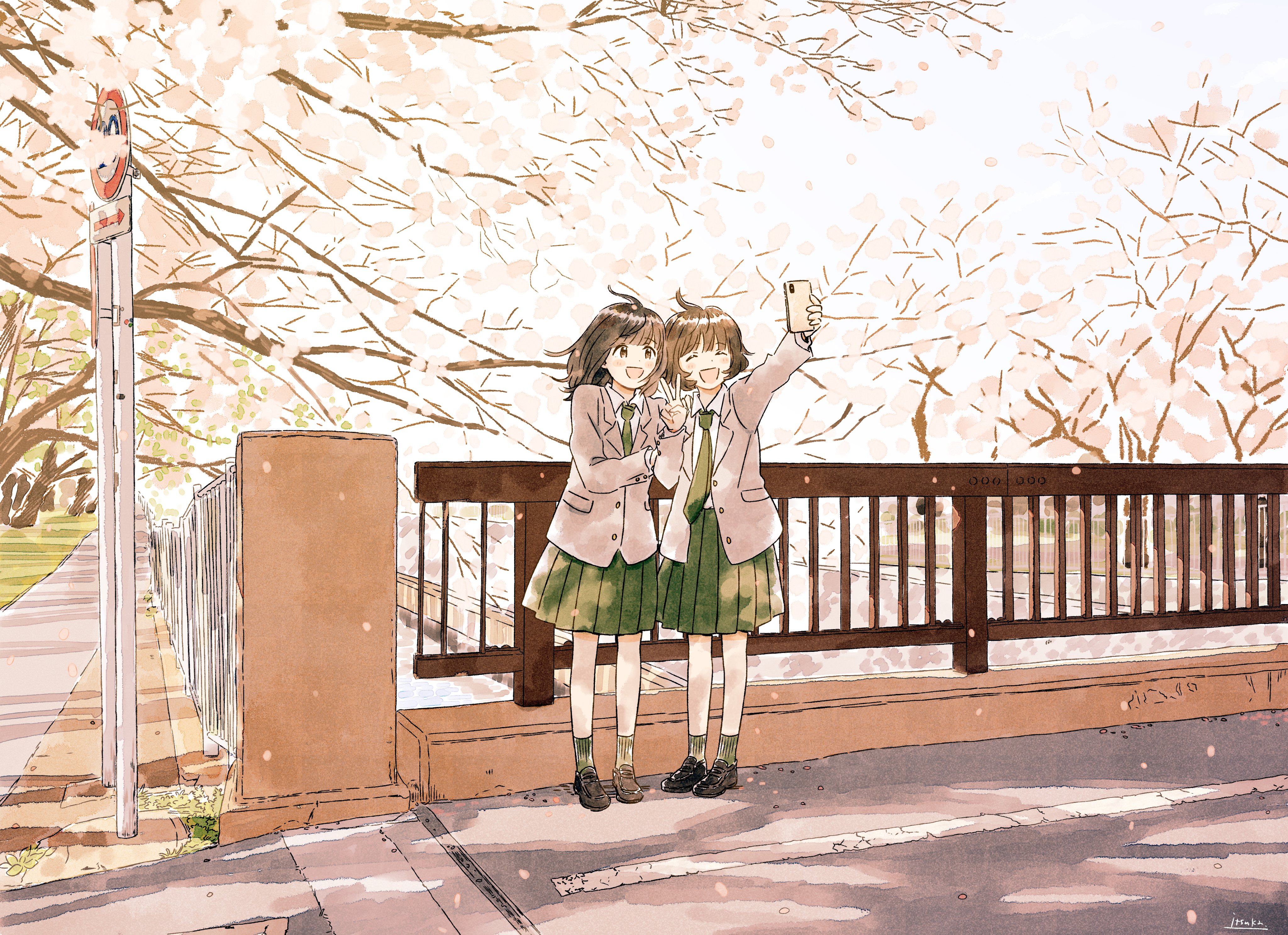 Two girls taking a selfie under cherry blossoms HD Wallpaper