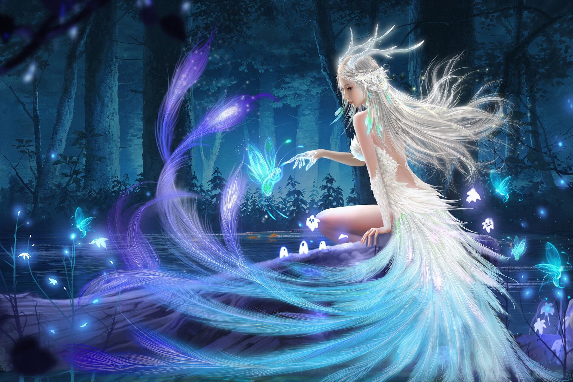 Fantasy girl with white hair and antlers in a forest HD Wallpaper