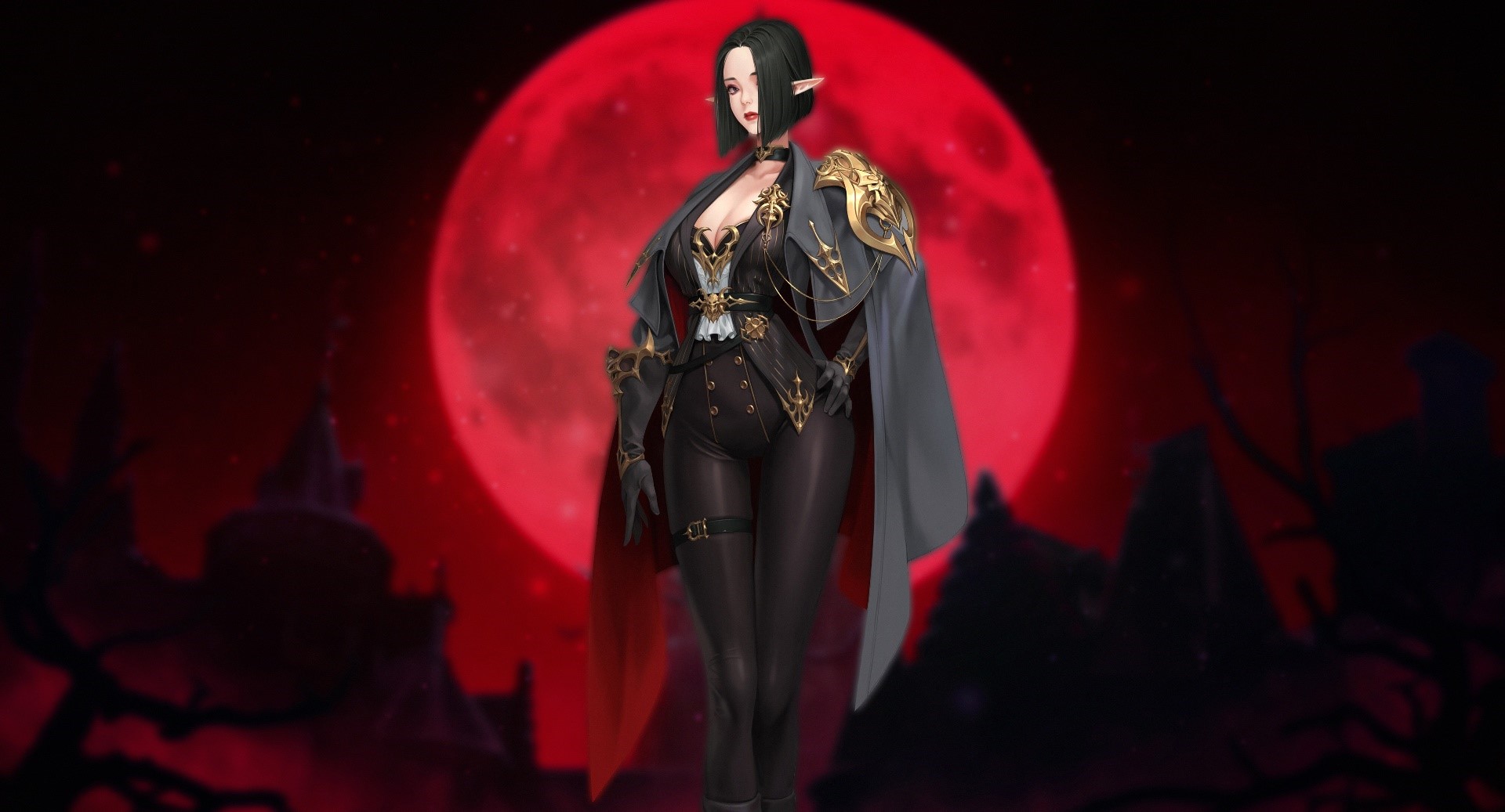 Fantasy elf girl with dark hair and red moon HD Wallpaper