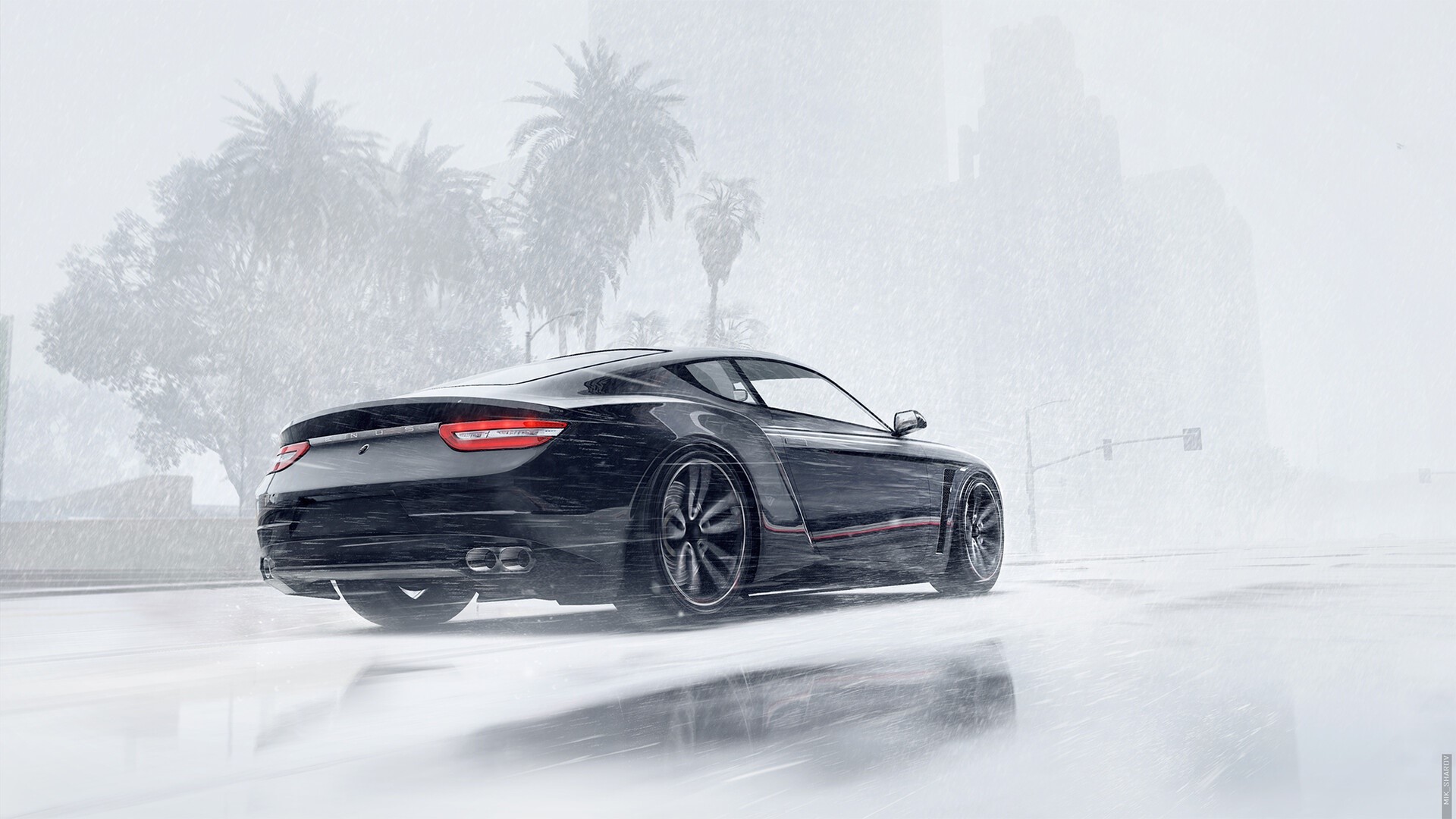 Black sports car driving in heavy rain in Grand Theft Auto V HD Wallpaper