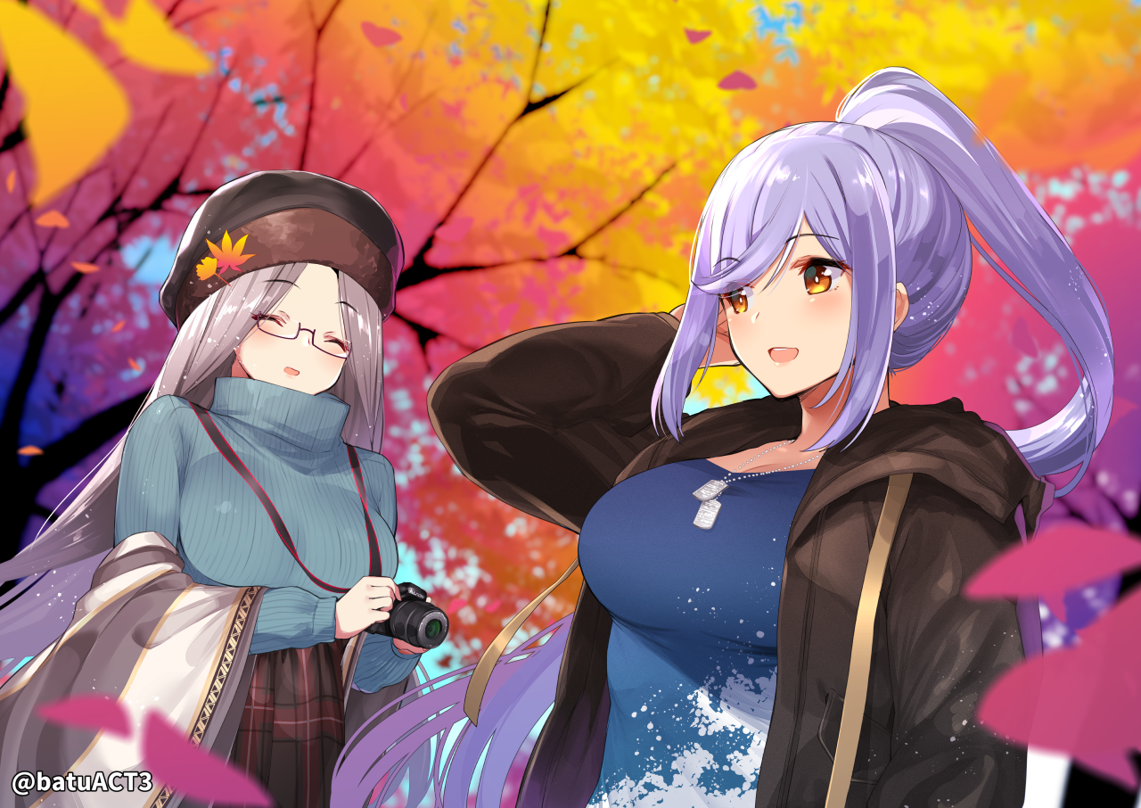 Two anime girls in autumn scenery HD Wallpaper