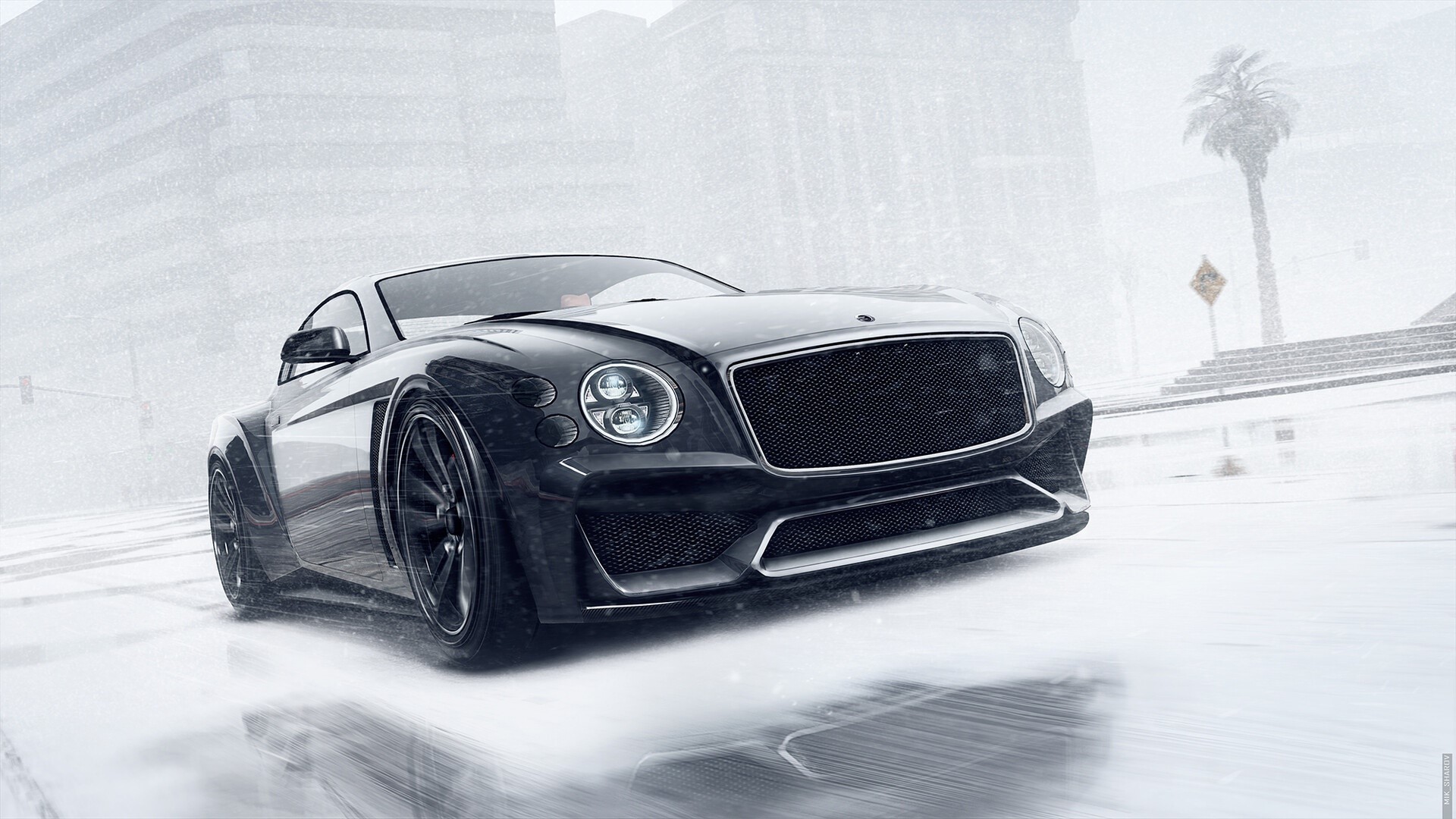 Black Bentley driving in snow, GTA V artwork HD Wallpaper