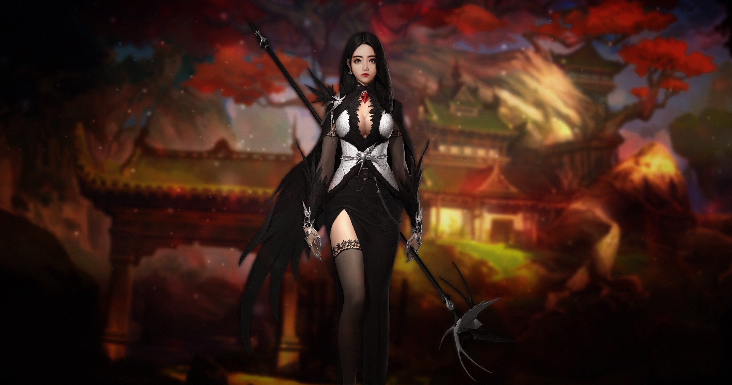 Fantasy girl with dark hair and a spear HD Wallpaper