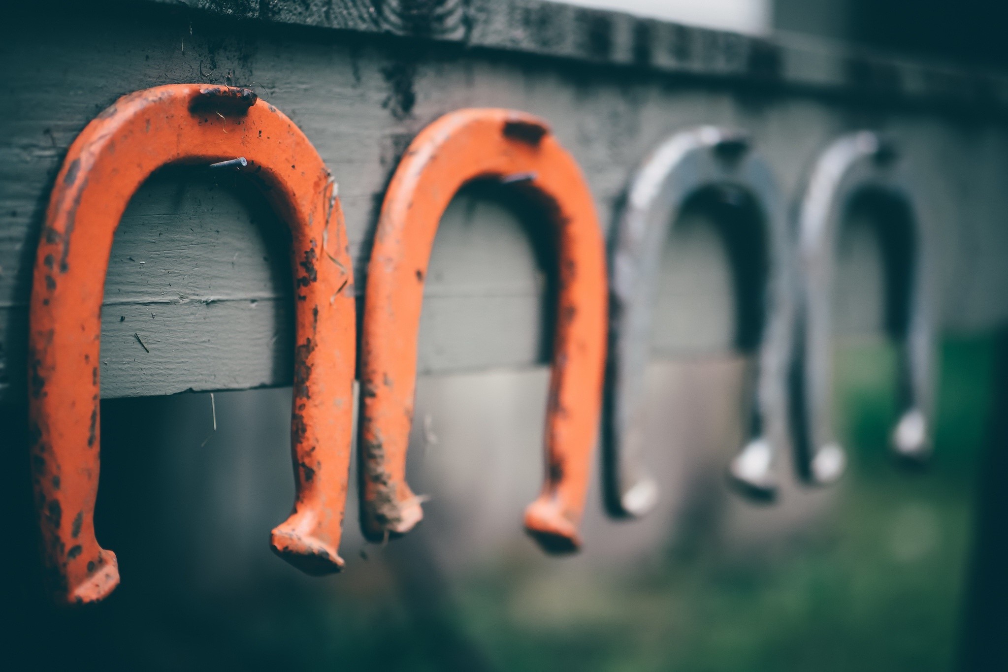 Close-up of orange and silver horseshoes hanging on a wooden surface HD Wallpaper