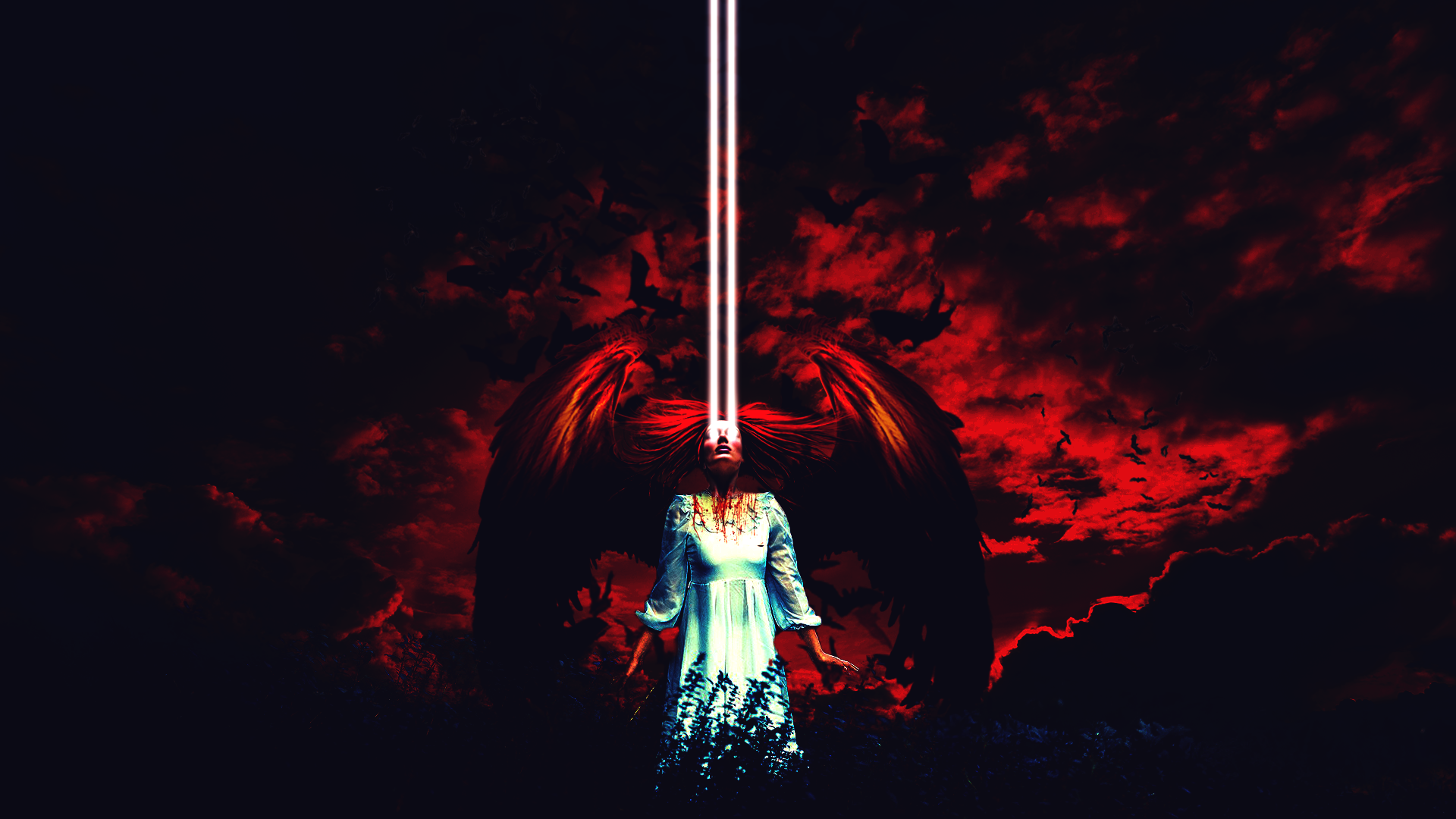 Woman with wings and laser beam from eyes HD Wallpaper