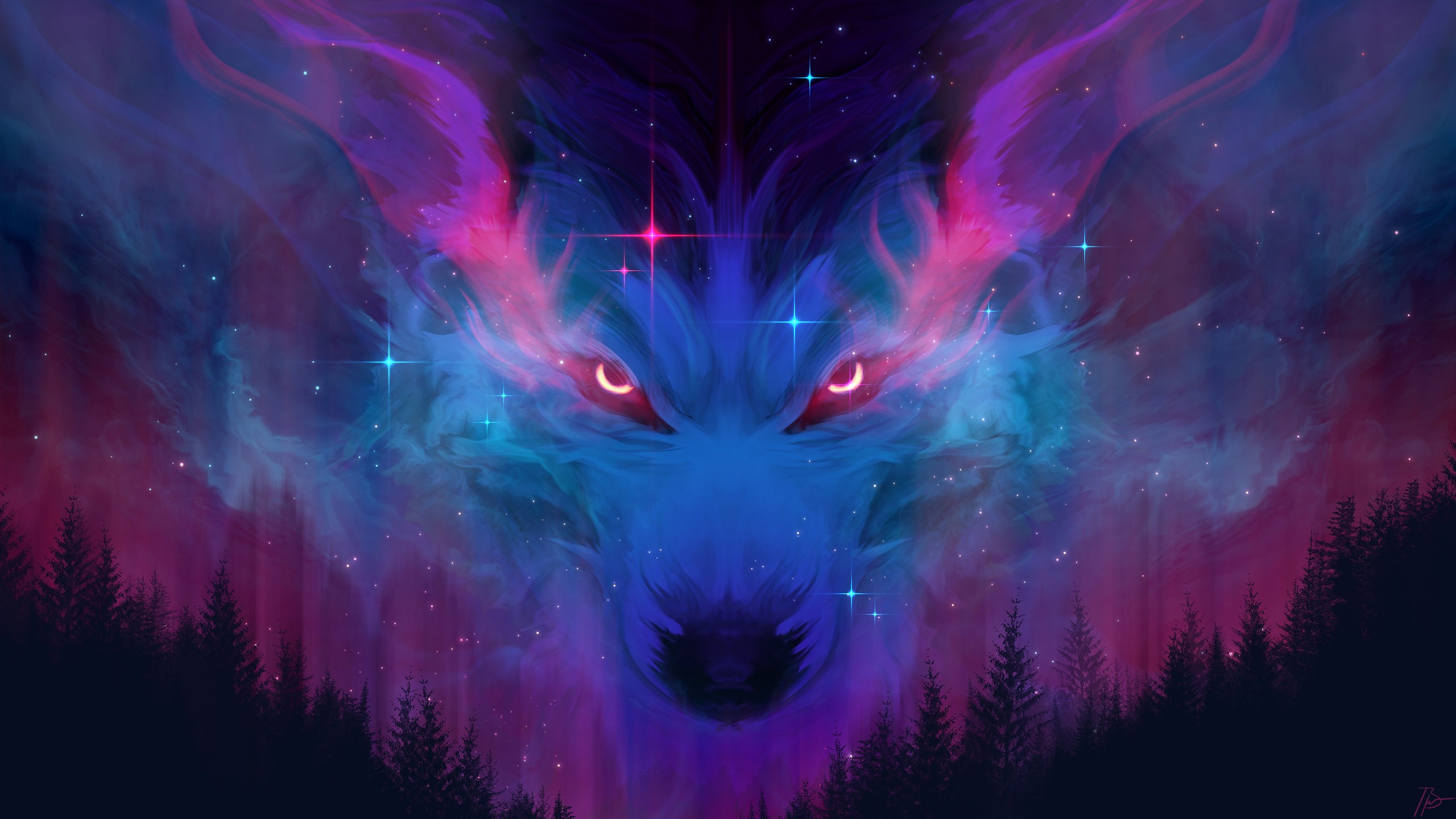 Cosmic Wolf with Red Eyes Over Forest HD Wallpaper