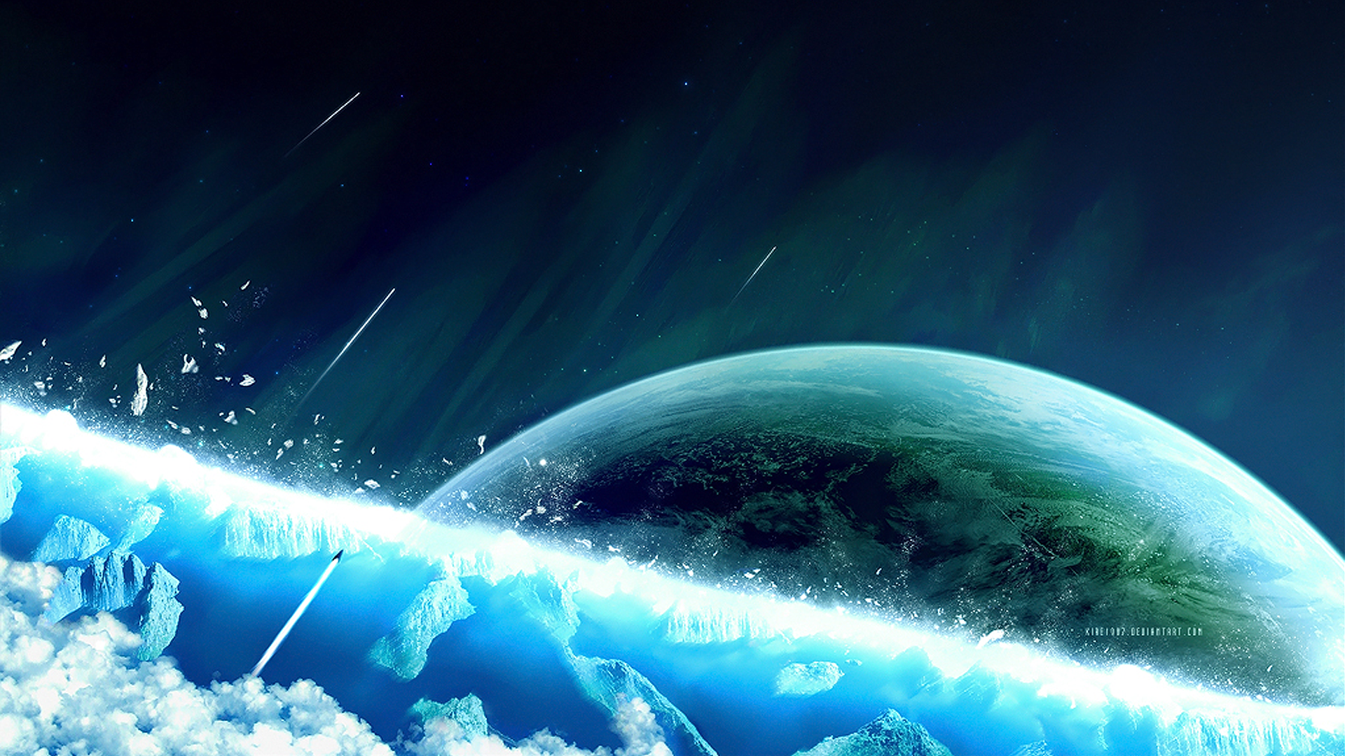 Artwork of a planet with icebergs and spaceships HD Wallpaper