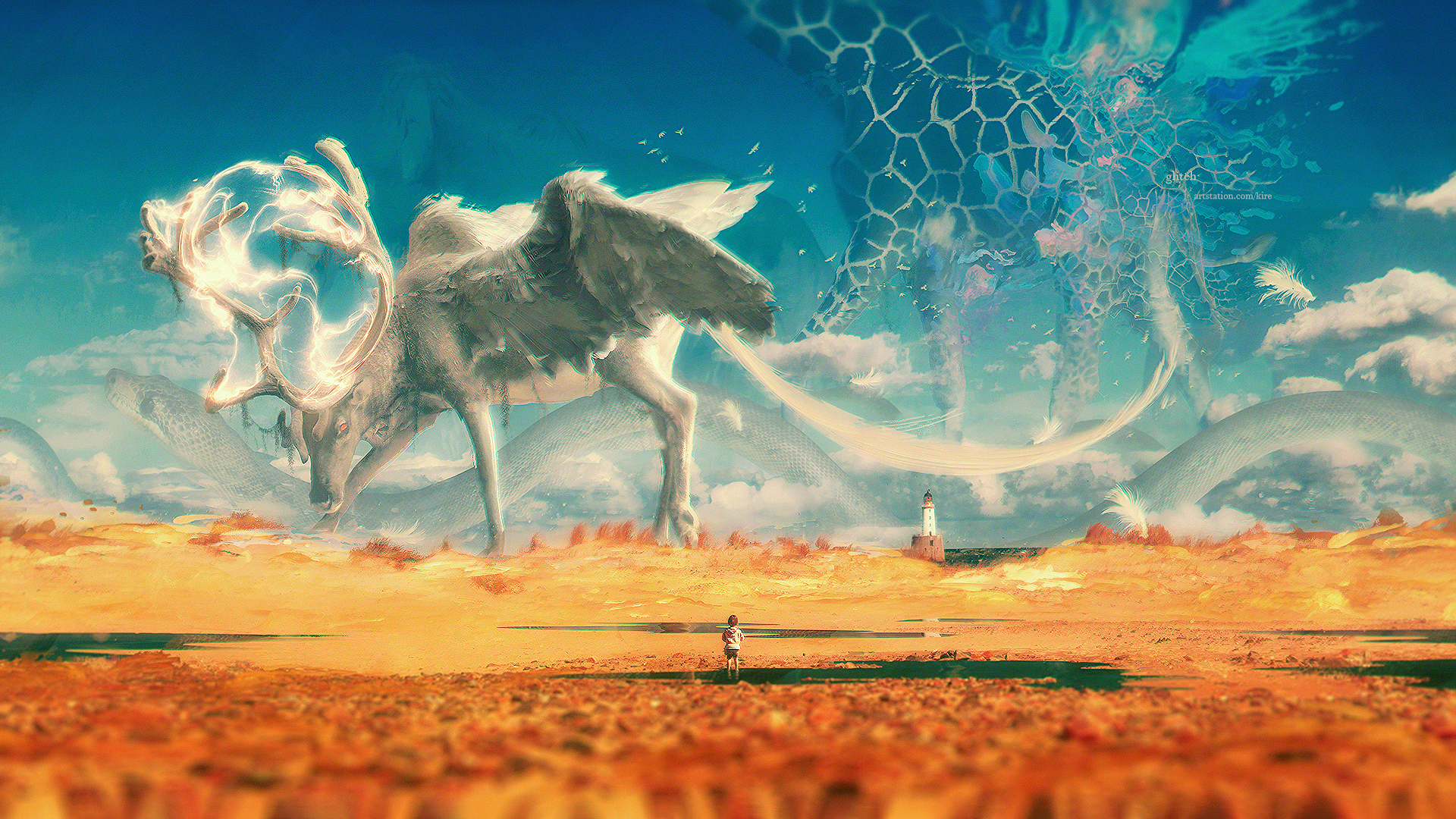 Giant winged deer with lightning antlers in a desert landscape HD Wallpaper