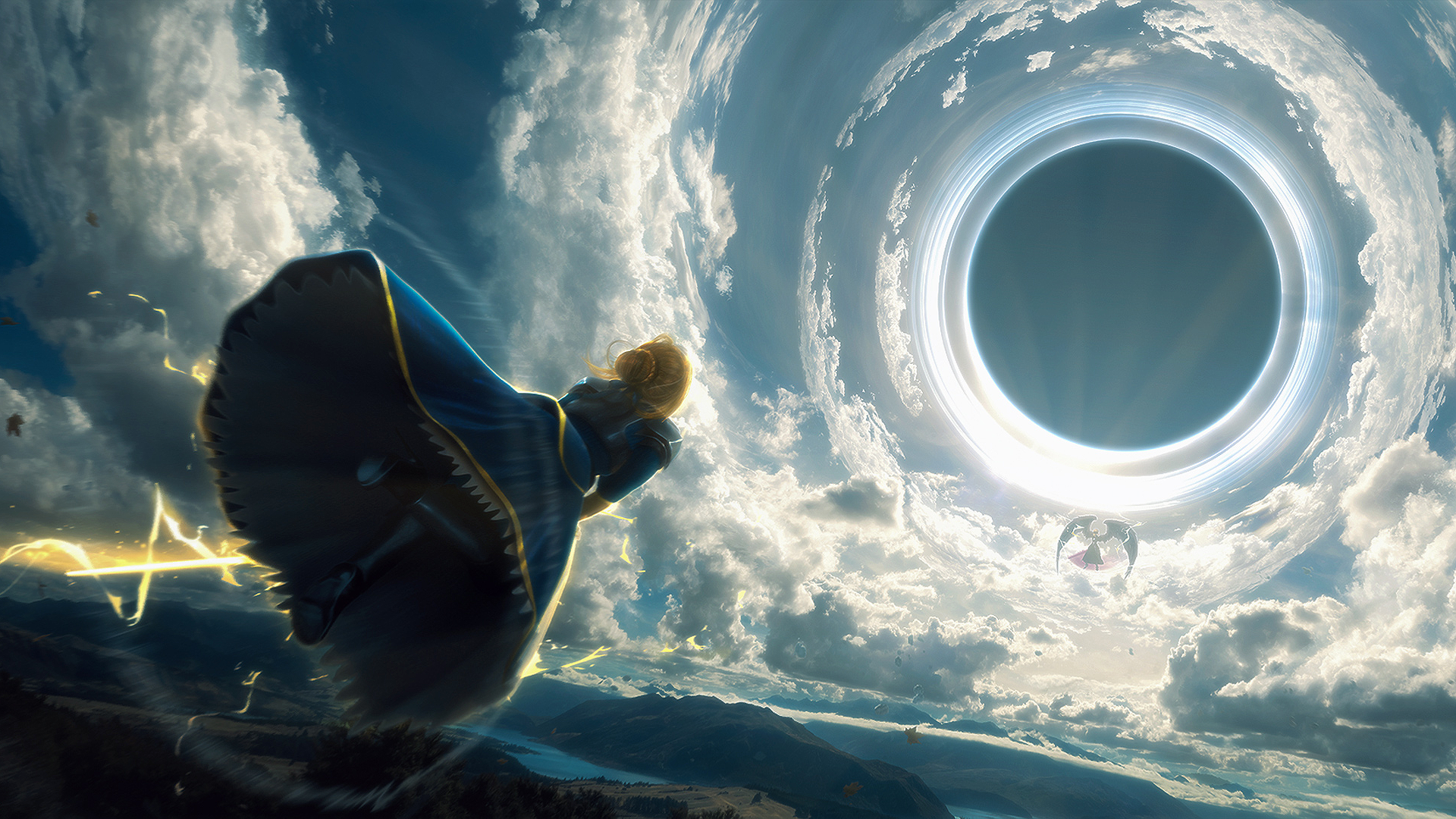 Saber from Fate/Grand Order flying towards a black hole HD Wallpaper