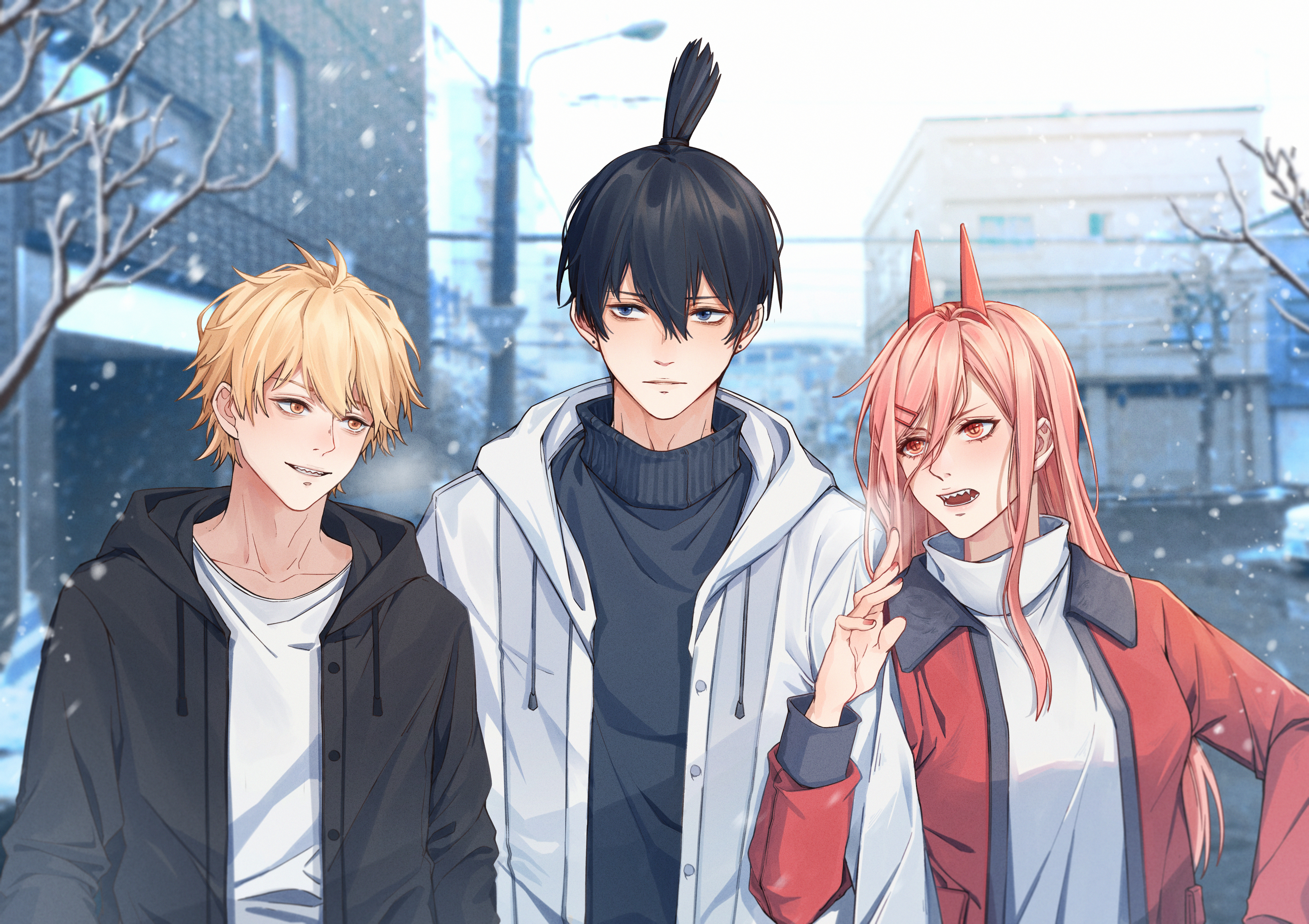 Denji, Aki Hayakawa and Power in Snowy Scene HD Wallpaper