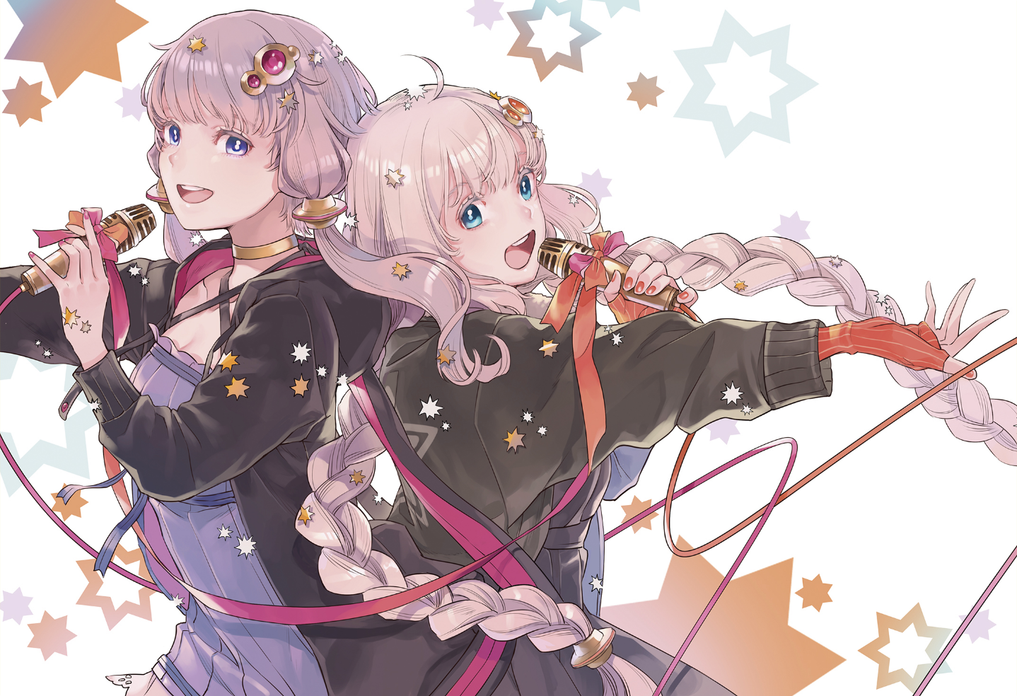 Two anime girls singing into microphones with stars HD Wallpaper