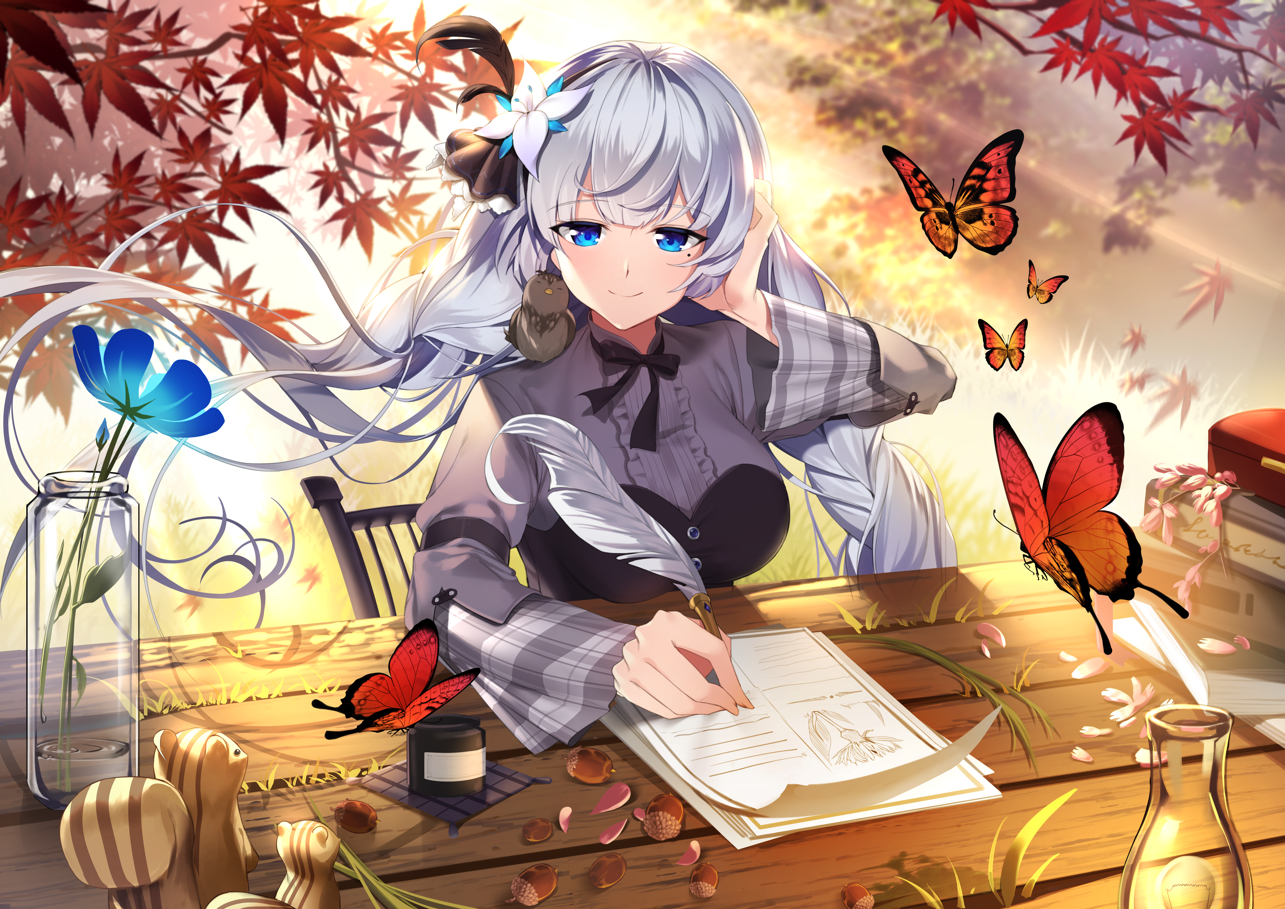 Anime girl writing with a quill and butterflies HD Wallpaper