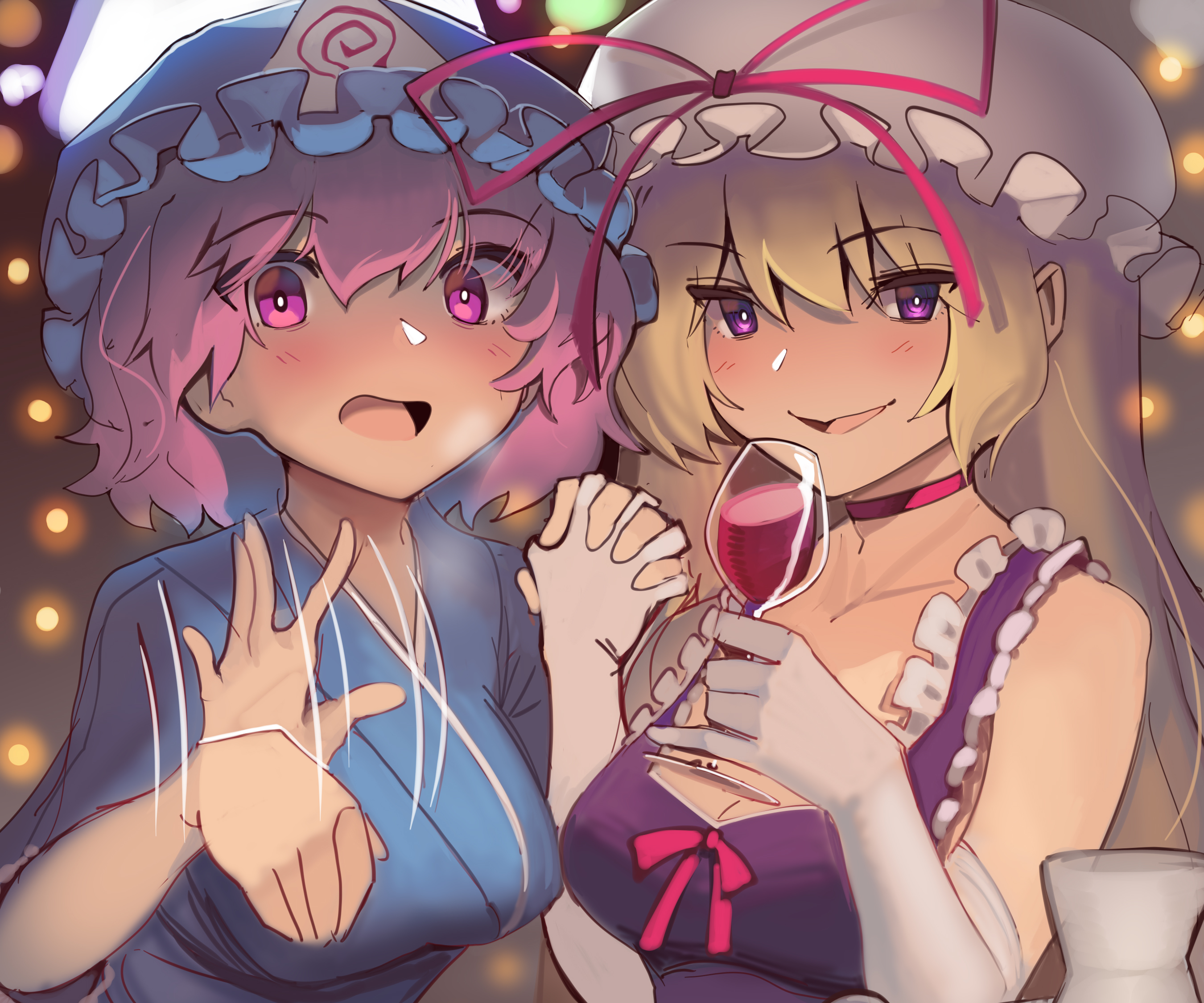 Yuyuko Saigyouji and Yukari Yakumo drinking wine HD Wallpaper