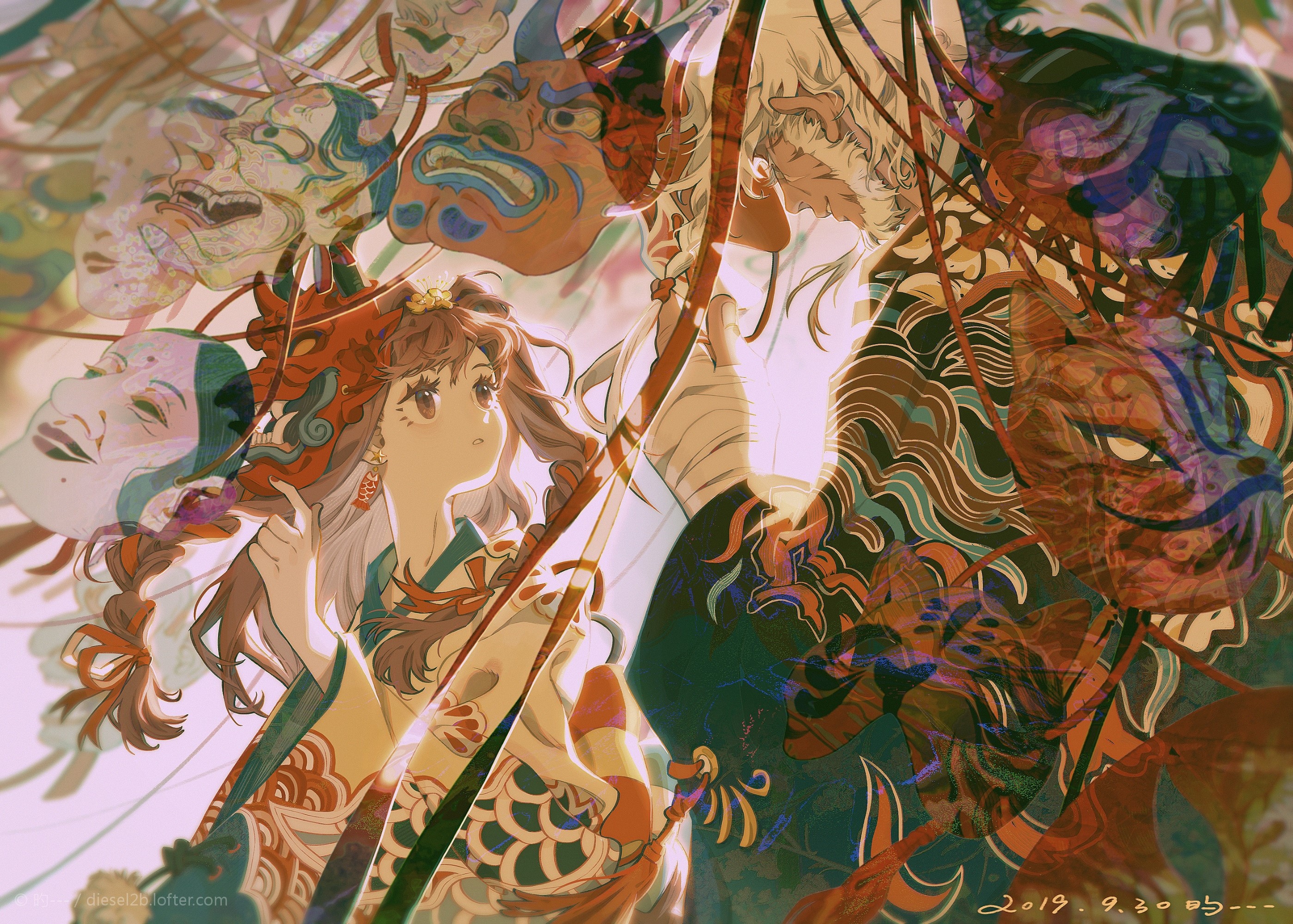 Anime illustration of a girl and a man with masks HD Wallpaper