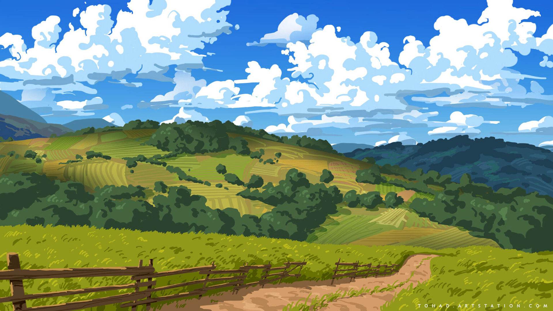 Digital art landscape of rolling hills with fields and trees under a cloudy sky HD Wallpaper