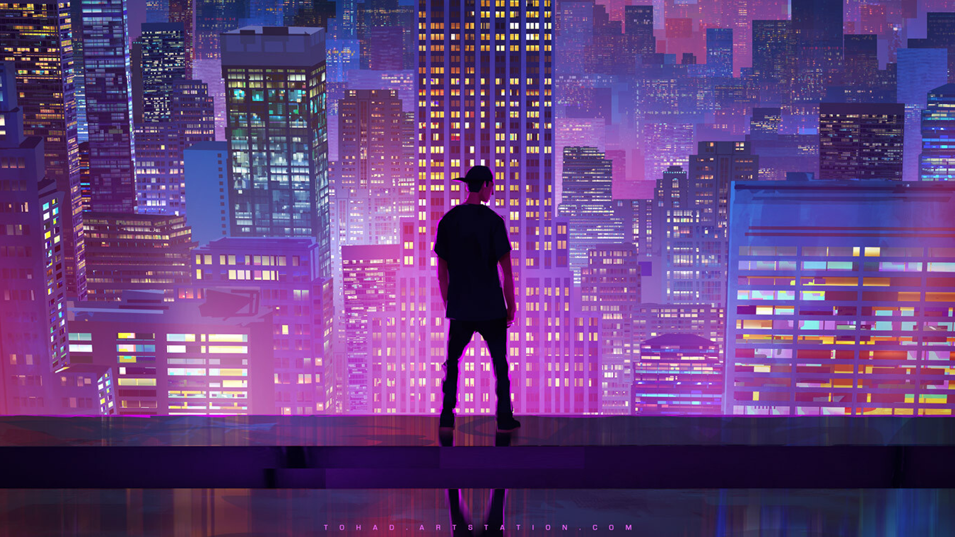 Man standing on a rooftop overlooking a neon cityscape HD Wallpaper