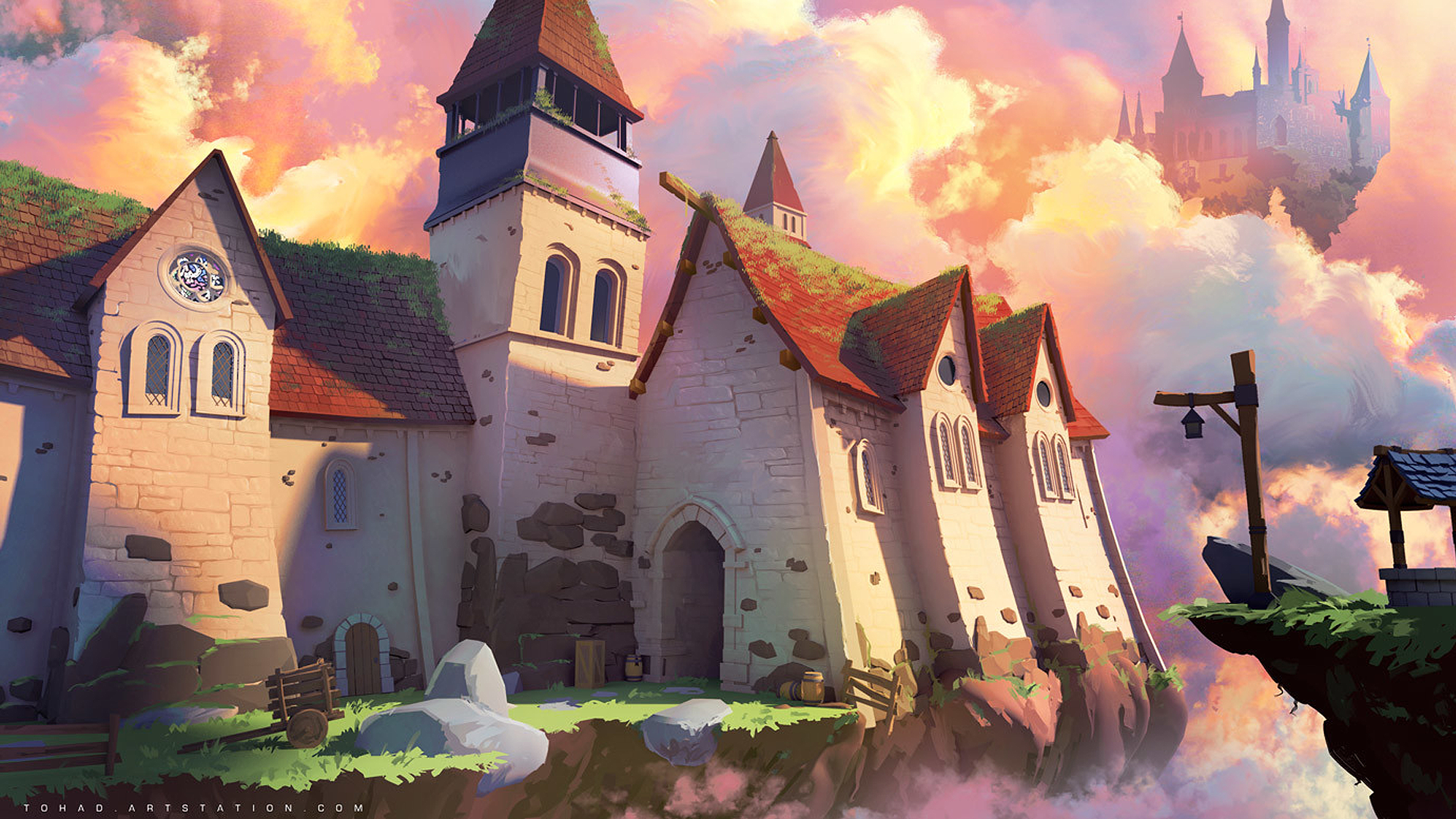 Fantasy castle and buildings floating in clouds at sunset HD Wallpaper