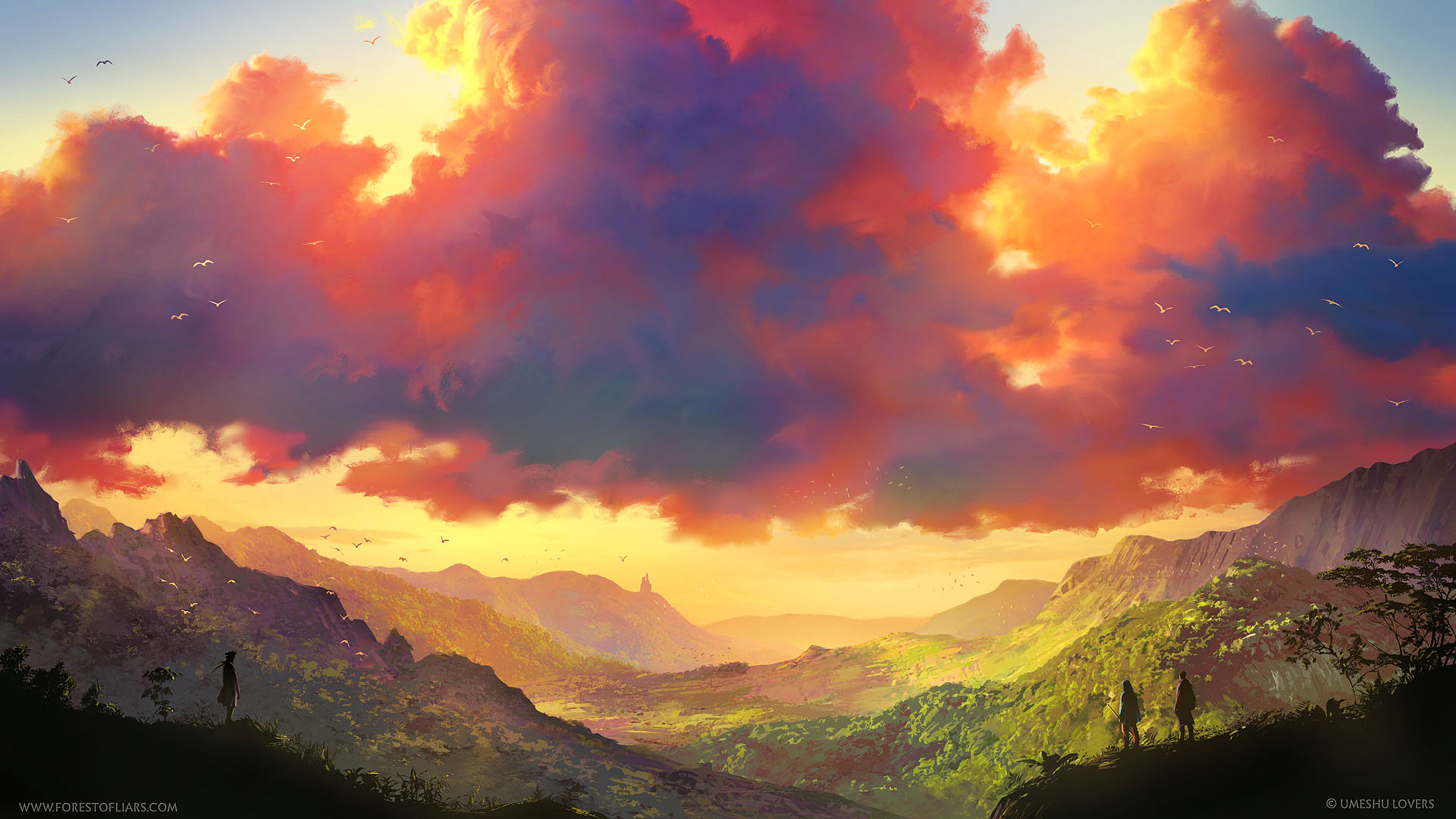 Fantasy landscape with dramatic sunset clouds and birds HD Wallpaper