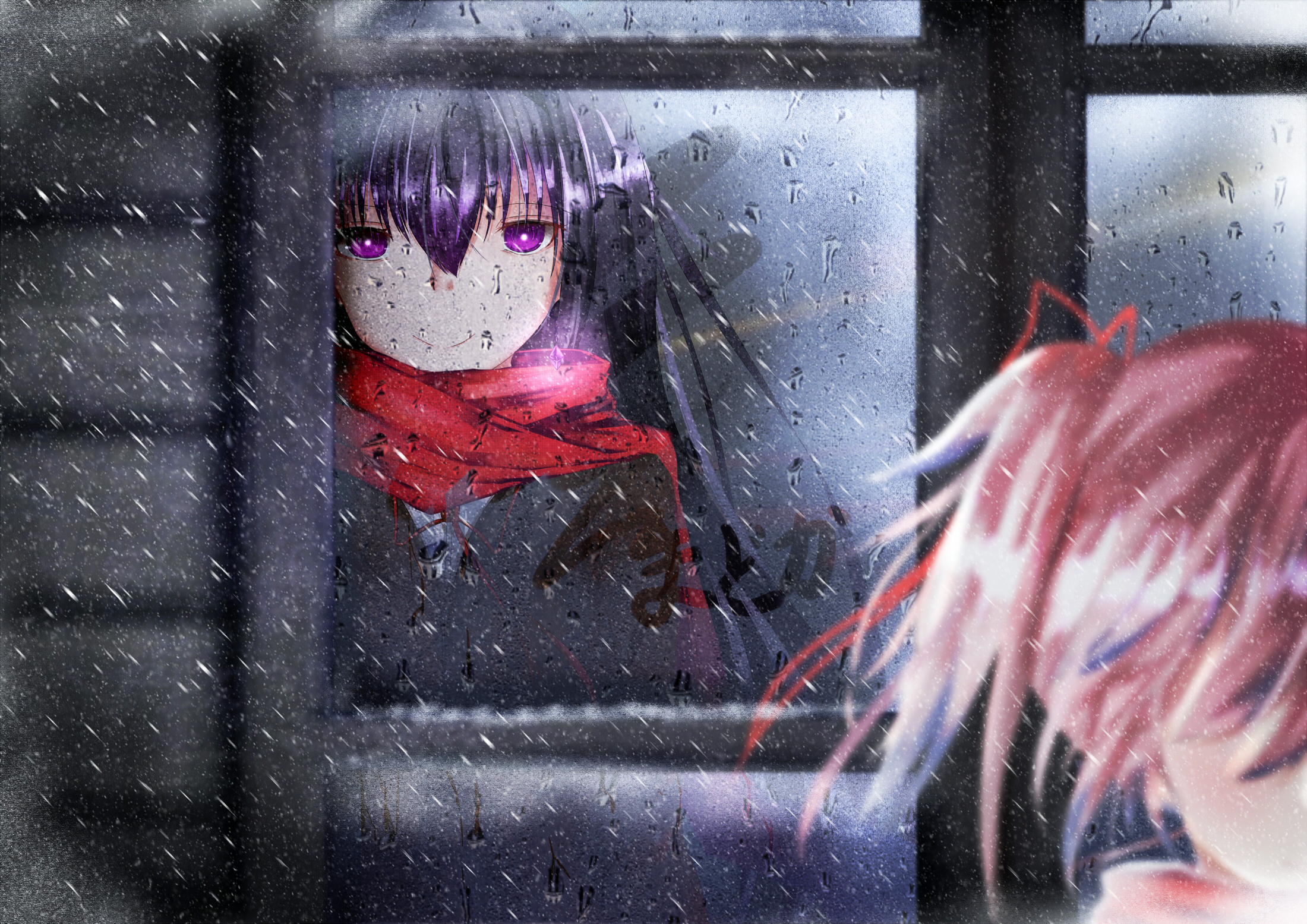 Madoka Kaname and Homura Akemi in the rain HD Wallpaper