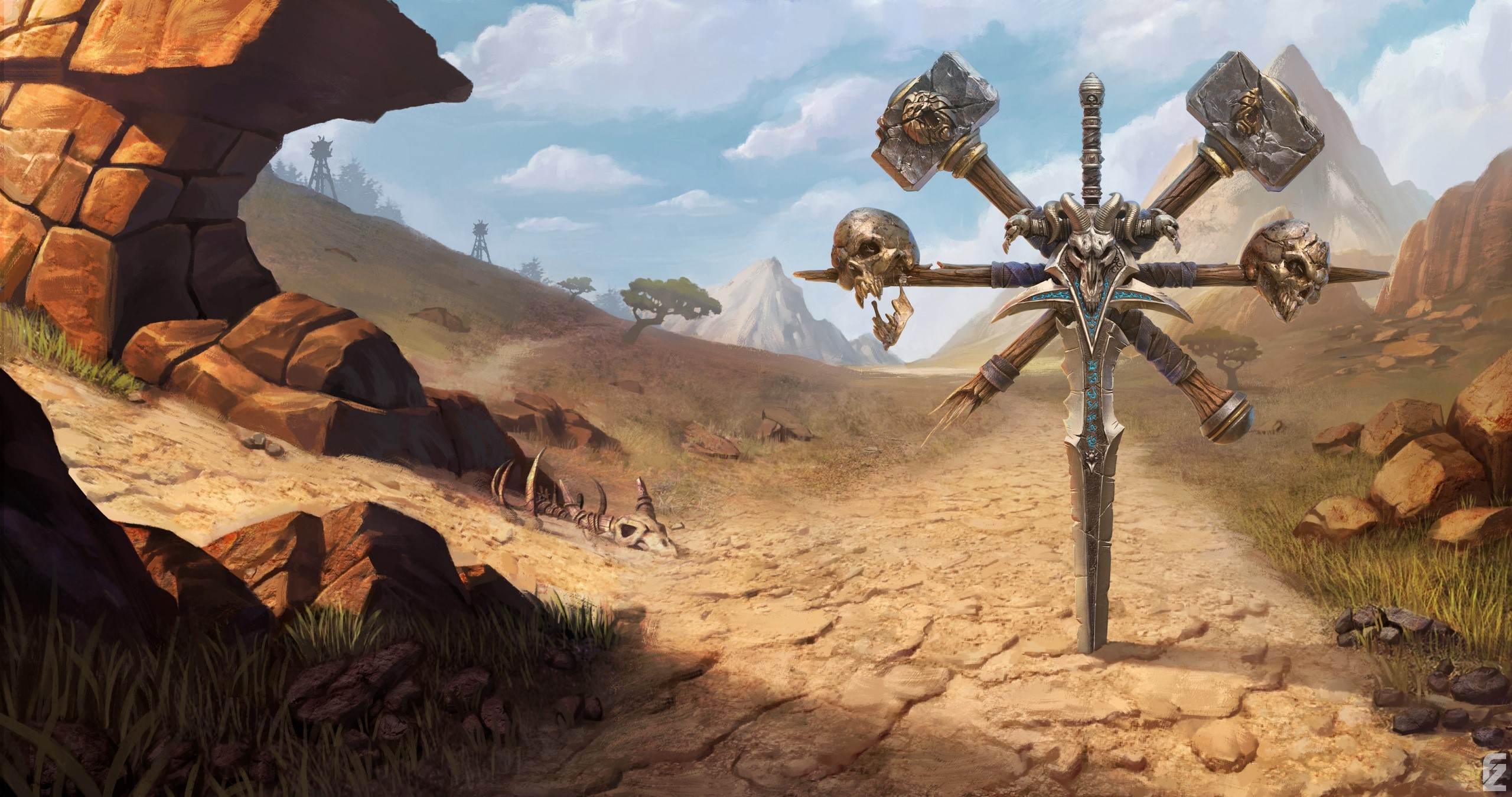Warcraft III: Reforged weapon in a desert landscape HD Wallpaper