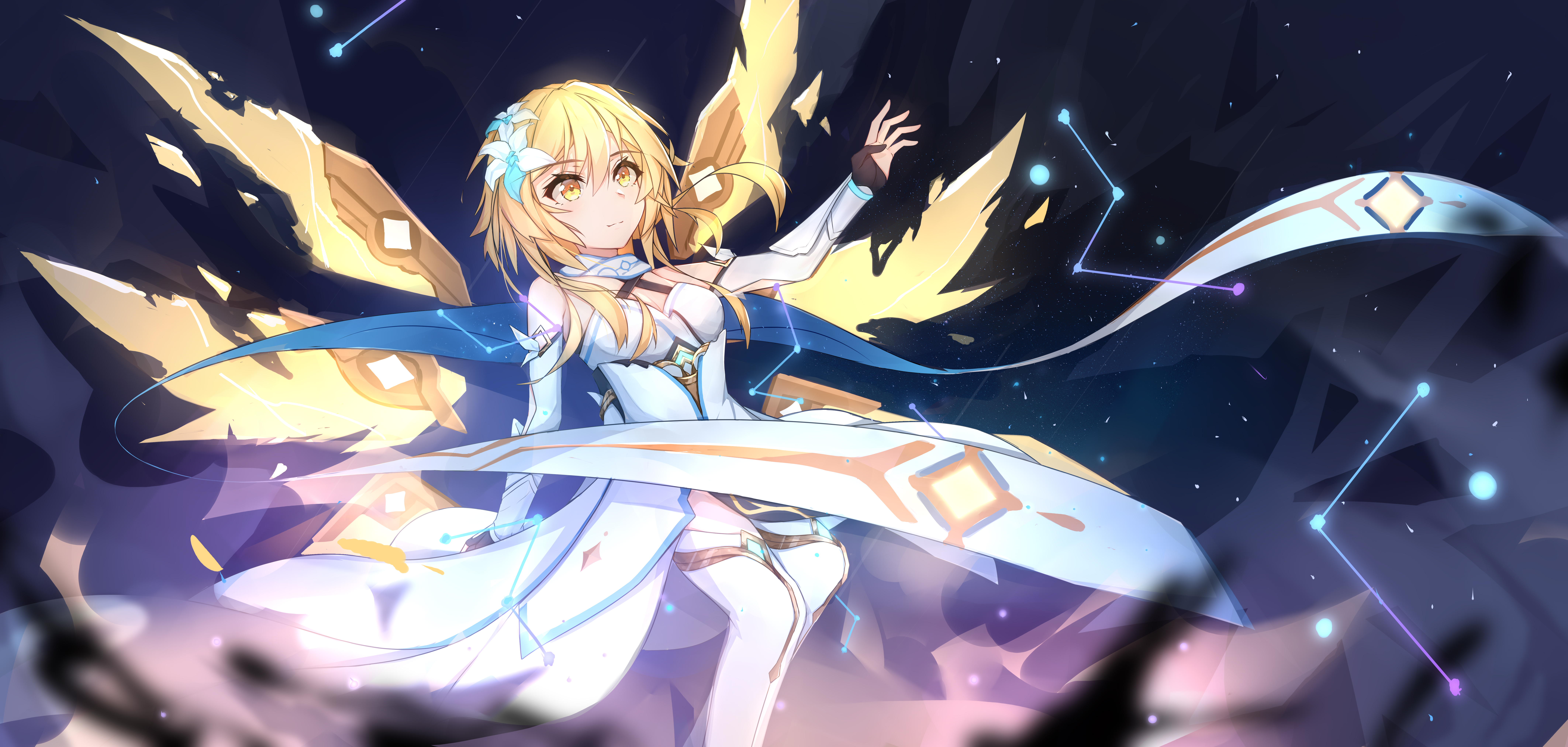 Lumine from Genshin Impact with golden wings HD Wallpaper