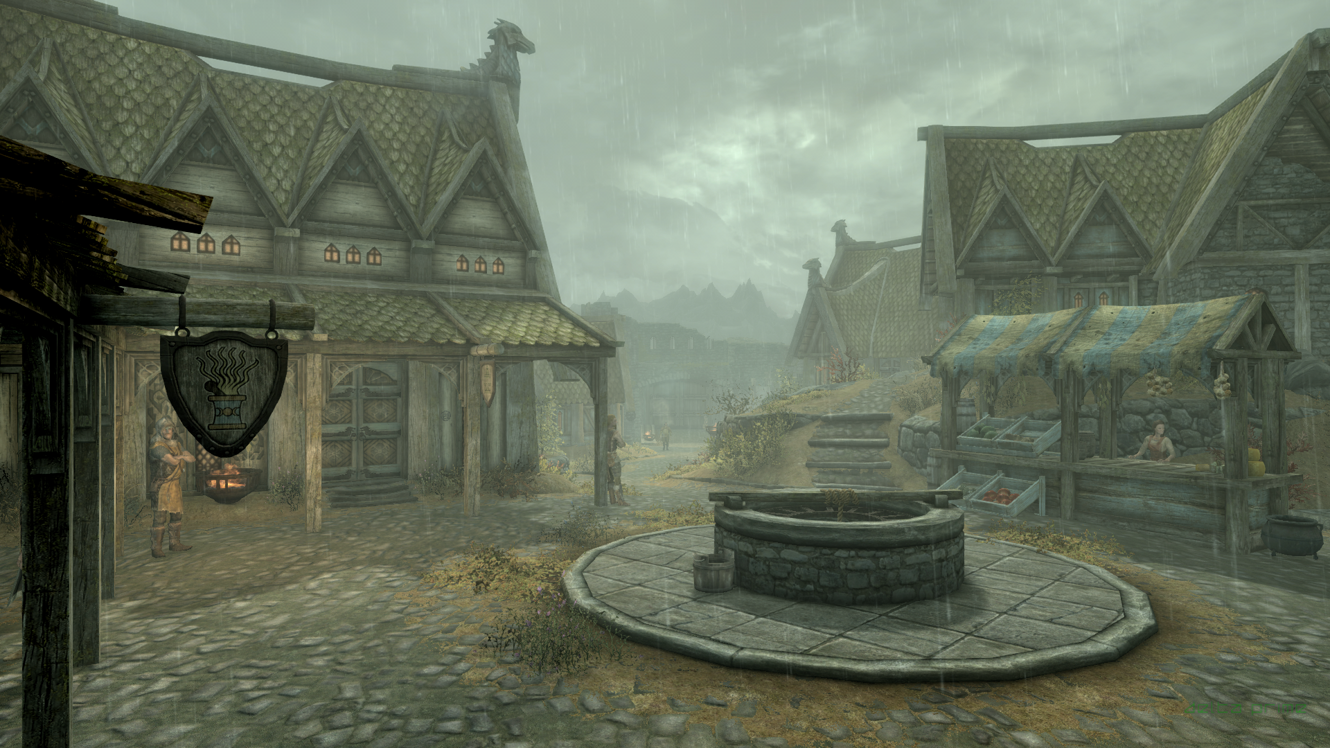 The Elder Scrolls V: Skyrim - Whiterun Market in Rain HD Wallpaper