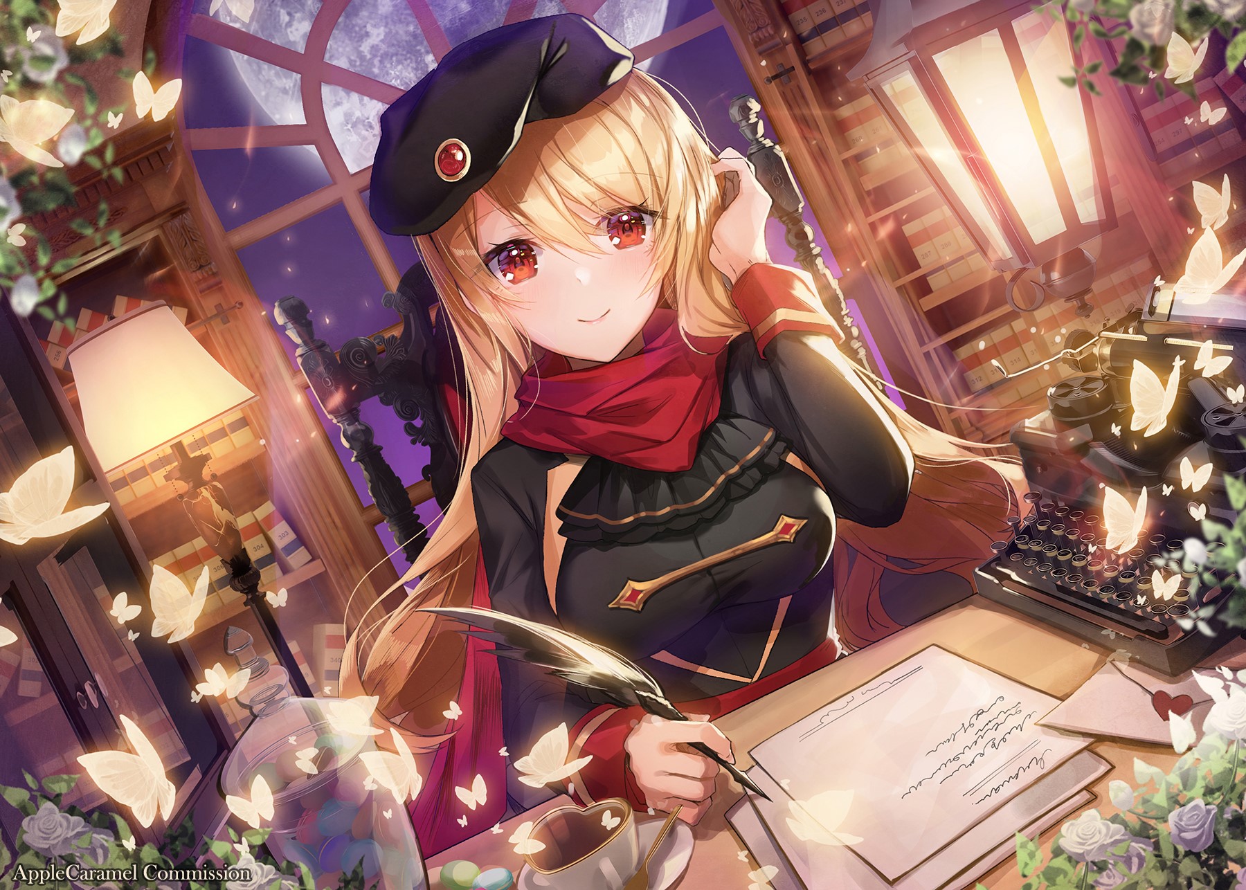Anime girl writing with quill in library HD Wallpaper