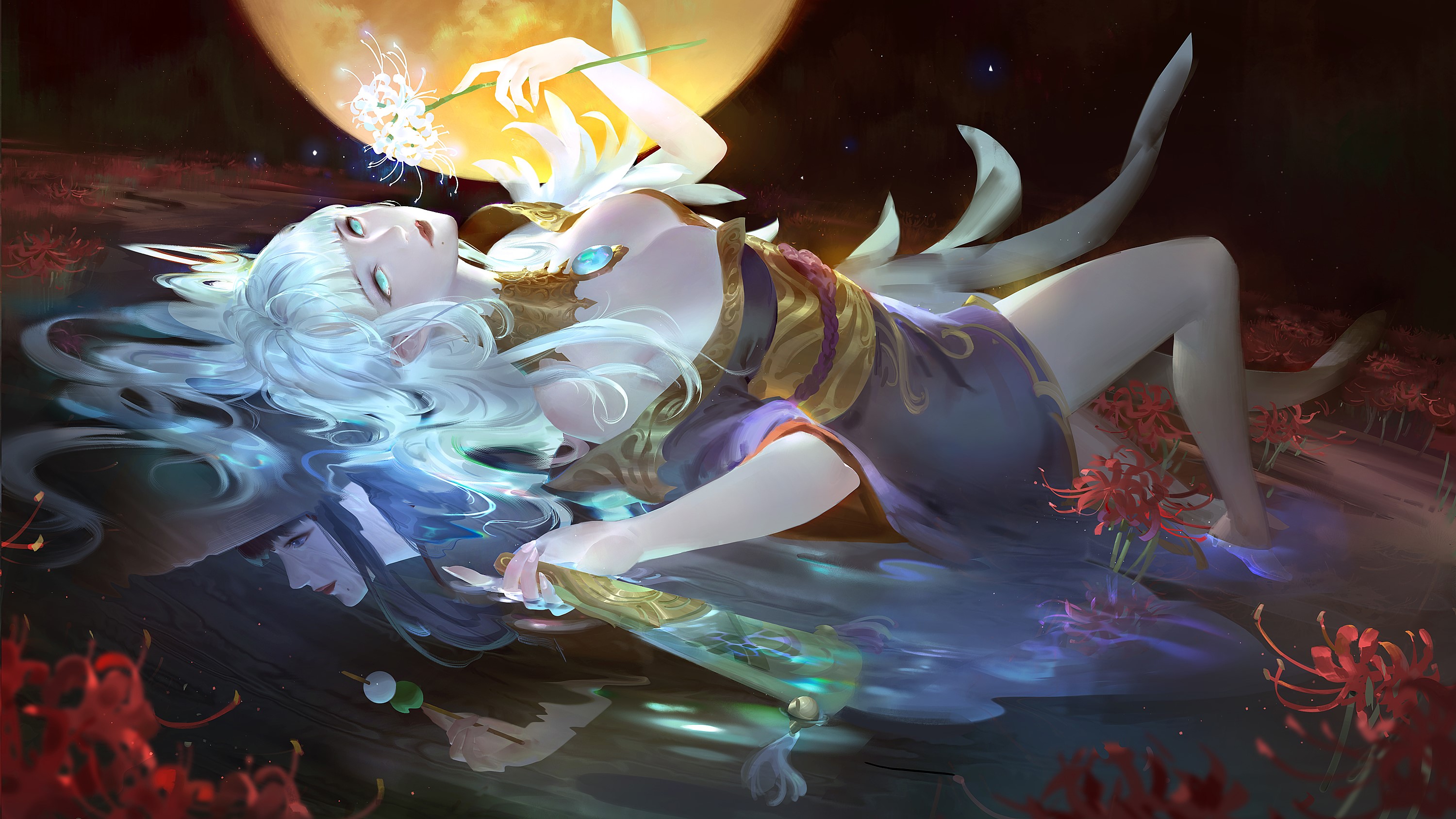 Woman with white hair and green eyes in water HD Wallpaper