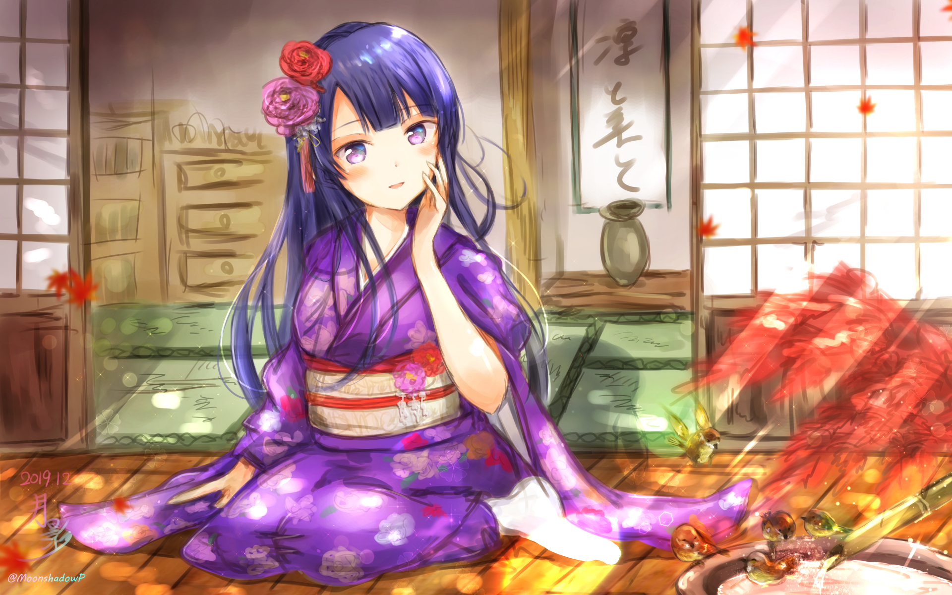 Tamao Tomoe in a purple kimono with flowers HD Wallpaper