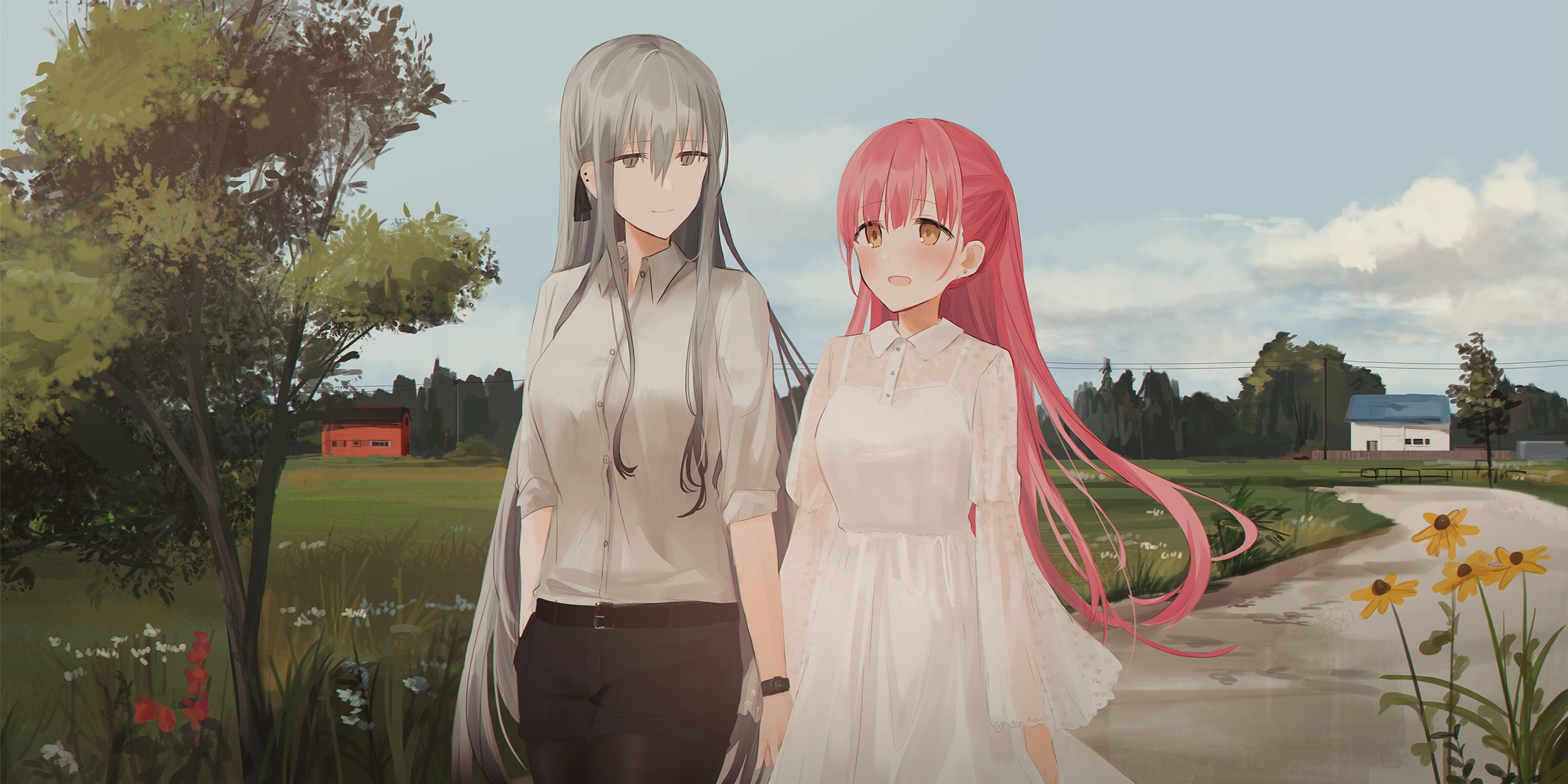 Two anime girls with white and pink hair walking outdoors HD Wallpaper