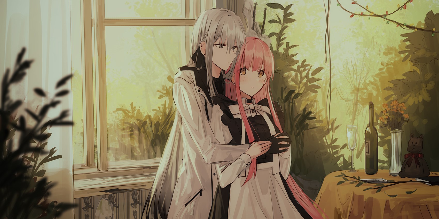 Anime couple with pink and white hair HD Wallpaper