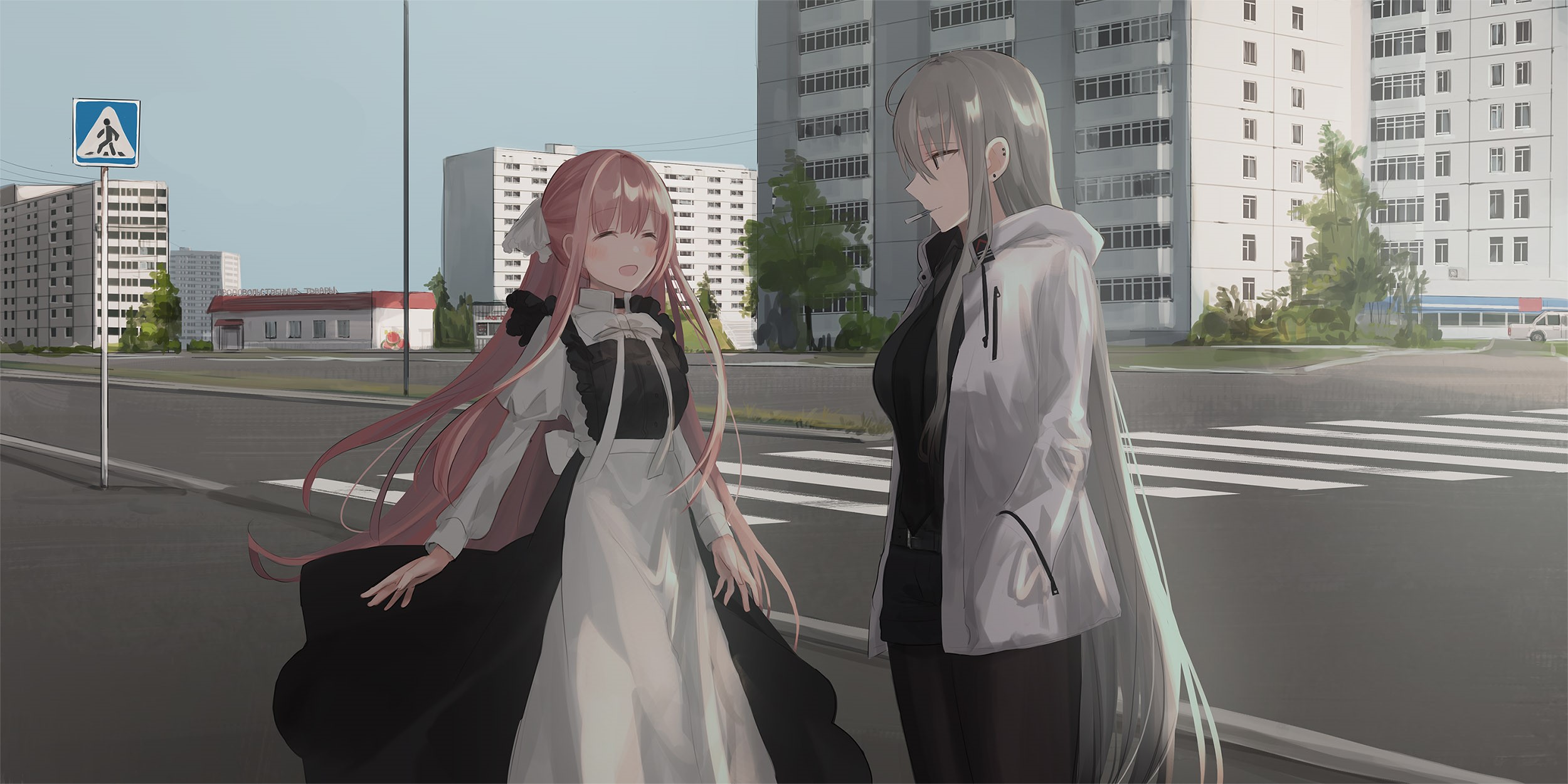 Anime girls with pink and white hair on a city street HD Wallpaper