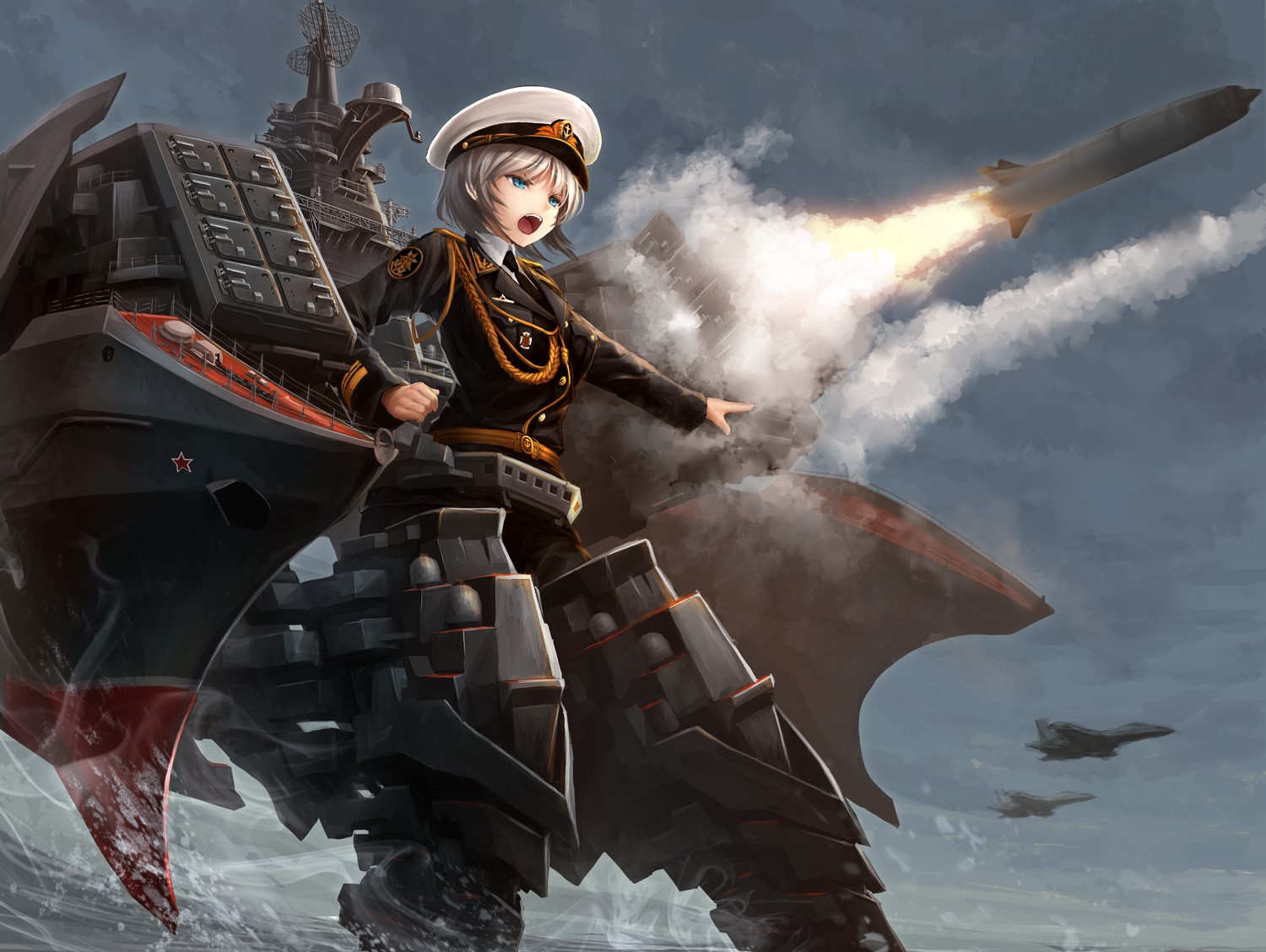 Anime girl in uniform on a warship launching a missile HD Wallpaper