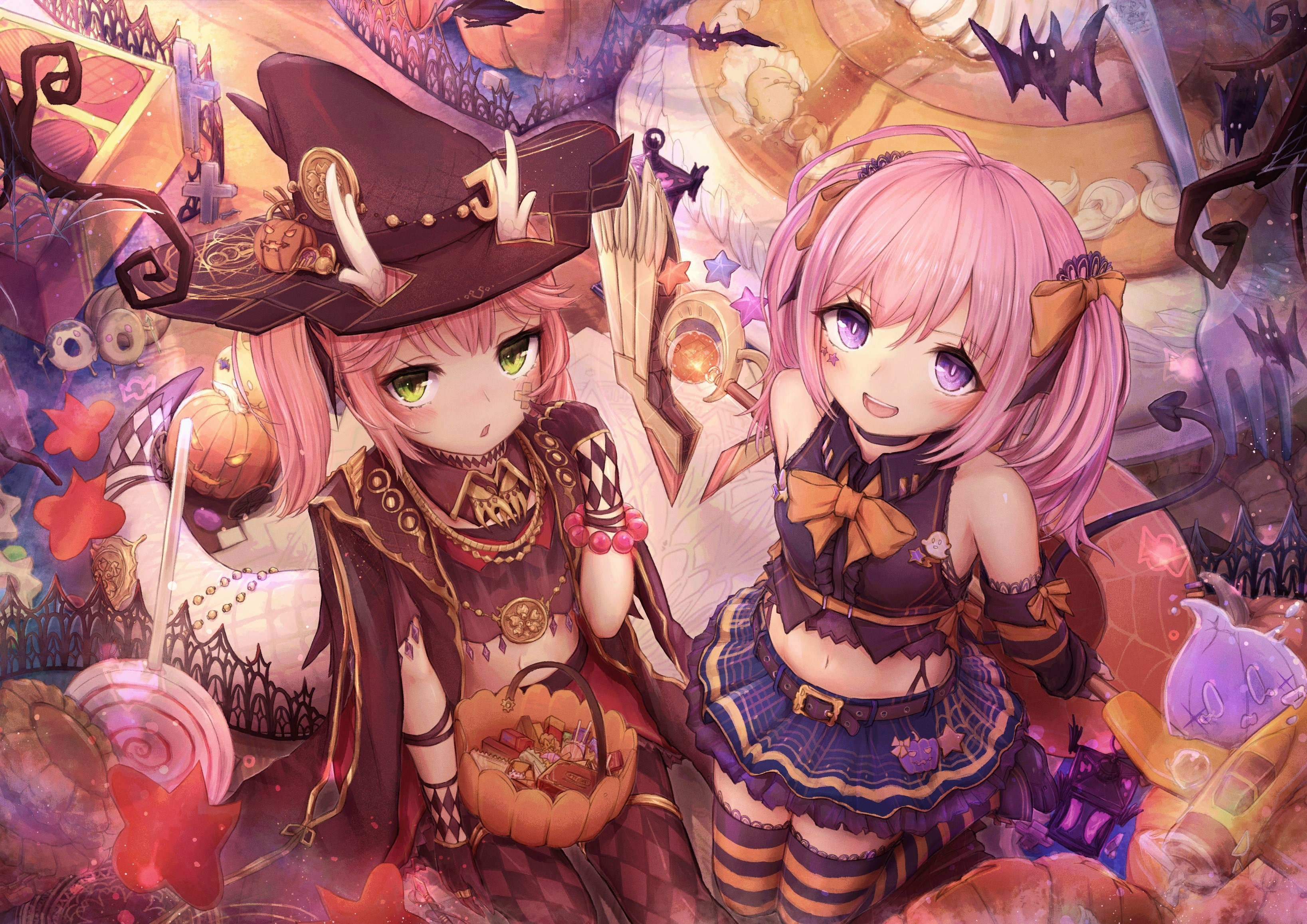 Two anime girls in Halloween costumes with candy HD Wallpaper